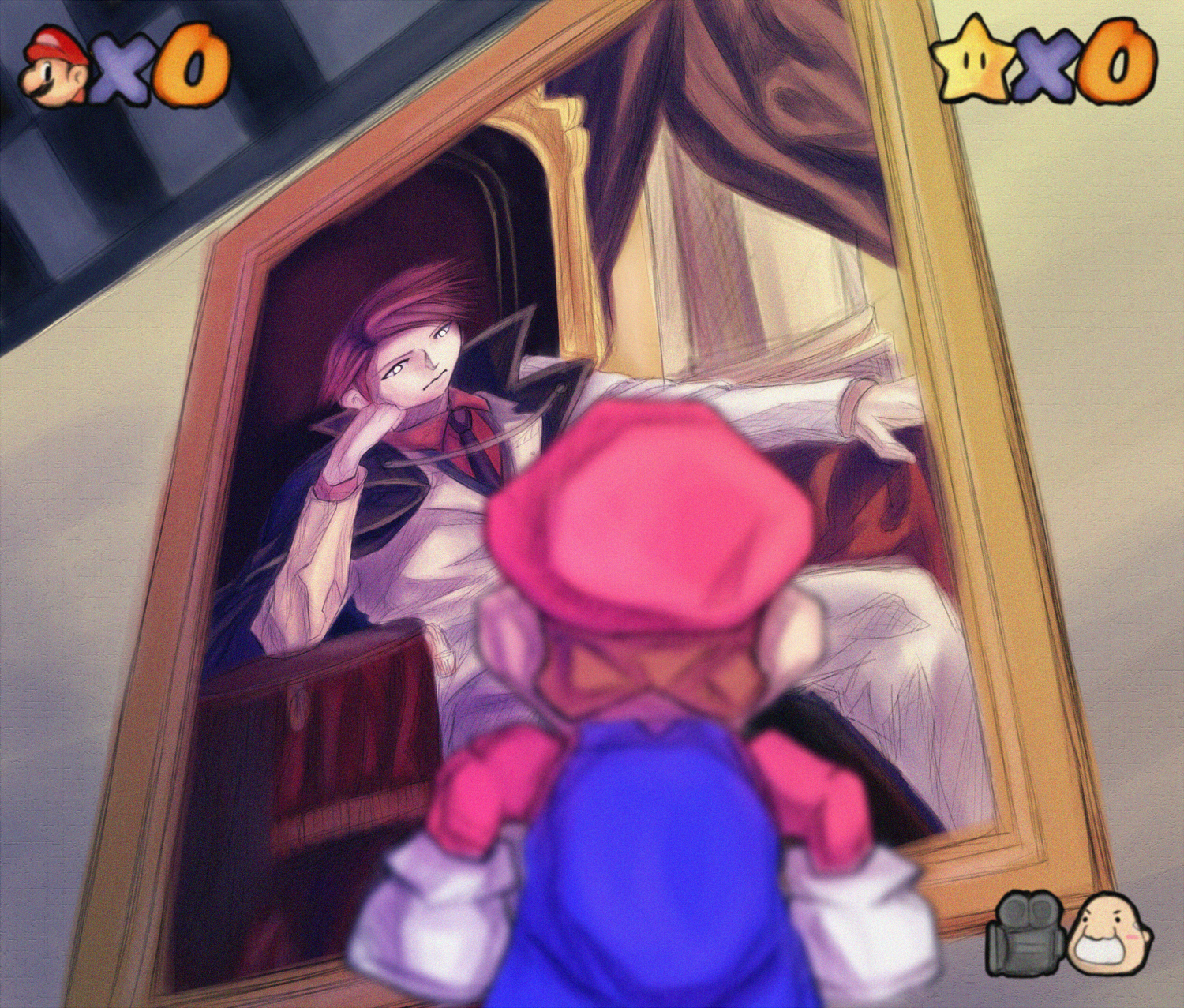 tekijira, mario, nanjou terumasa, ushiromiya battler, 07th expansion, mario (series), nintendo, no naku koro ni (series), super mario 64, umineko no naku koro ni, highres, 00s, 1boy, cape, chair, crossover, fake screenshot, formal clothes, head rest, heads-up display, jacket, male focus, necktie, painting (object), red hair, short hair, sitting, solo, user interface