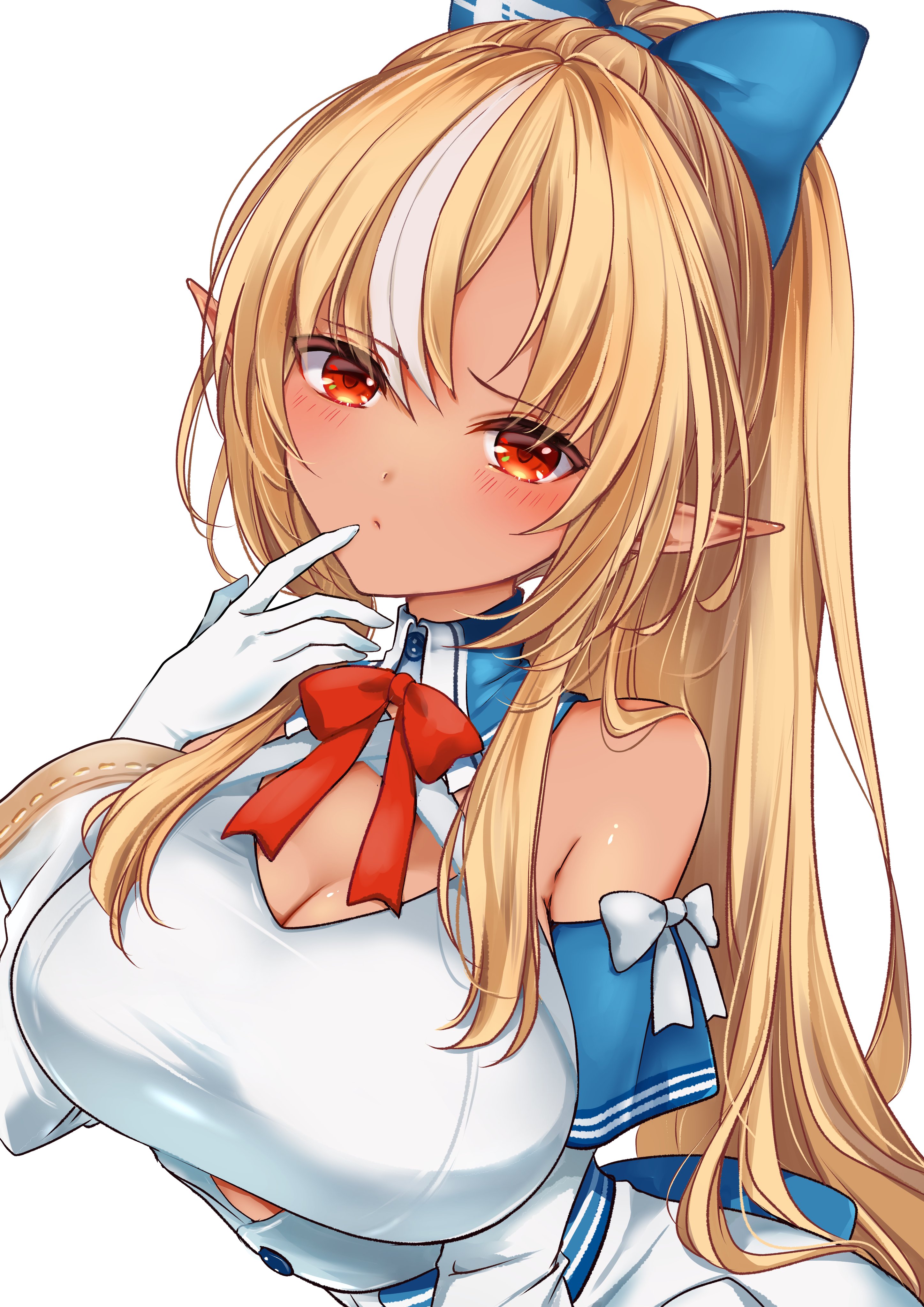 seikosda, shiranui flare, shiranui flare (1st costume), hololive, absurdres, commentary request, highres, 1girl, blonde hair, blue bow, blush, bow, breasts, cleavage, cleavage cutout, closed mouth, clothing cutout, dark-skinned female, dark elf, dark skin, dress, elf, hair bow, large breasts, looking at viewer, multicolored hair, orange eyes, pointy ears, ponytail, solo, streaked hair, virtual youtuber, white dress, white streaks