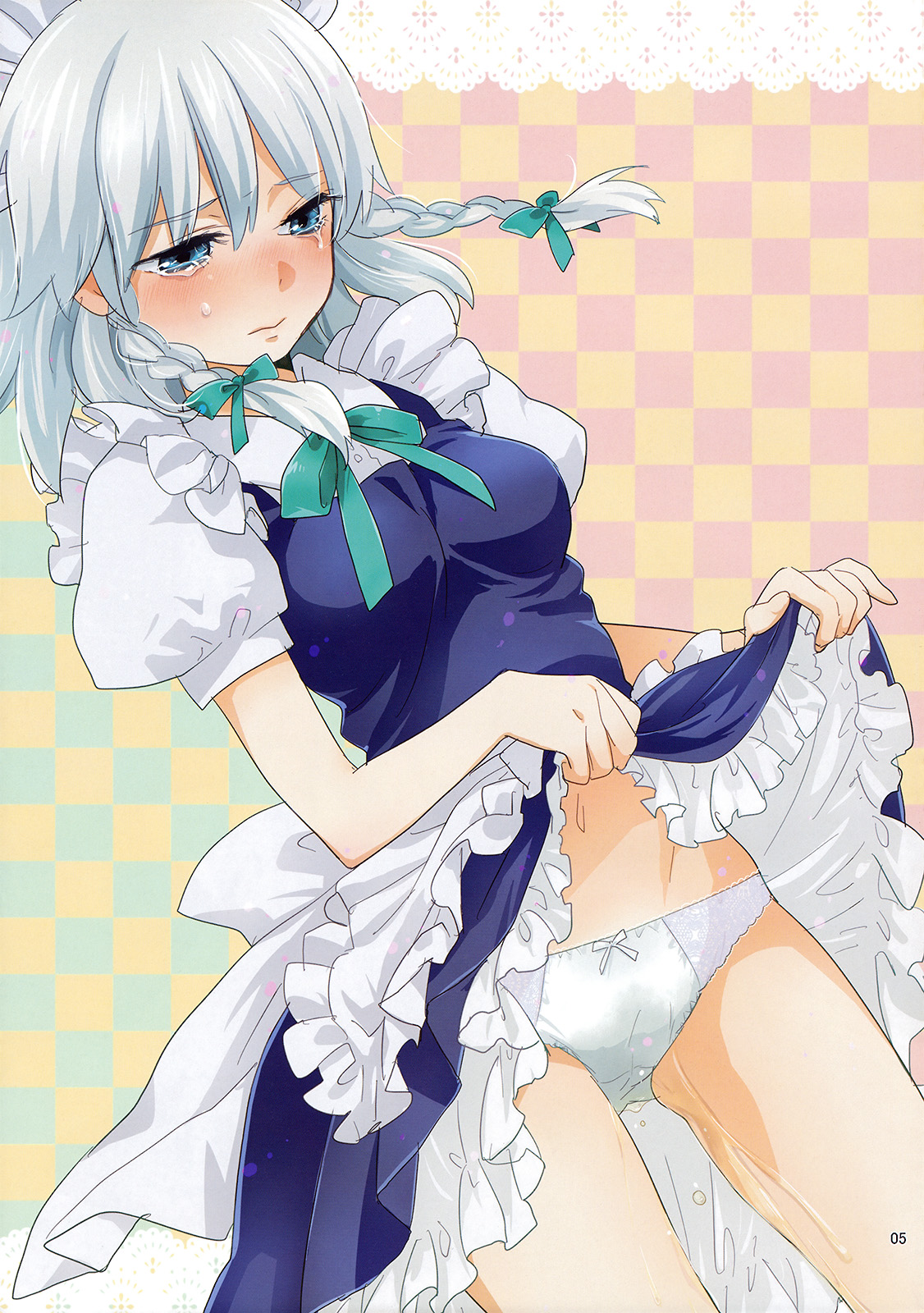 machiko (beard), izayoi sakuya, touhou, silver hair, highres, non-web source, 1girl, blue eyes, blush, bow, braid, clothes lift, dress, dress lift, female focus, hair bow, maid, panties, pee, peeing, peeing self, purposeful wetting, short hair, solo, tears, twin braids, underwear, wet, wet clothes, wet panties, white panties