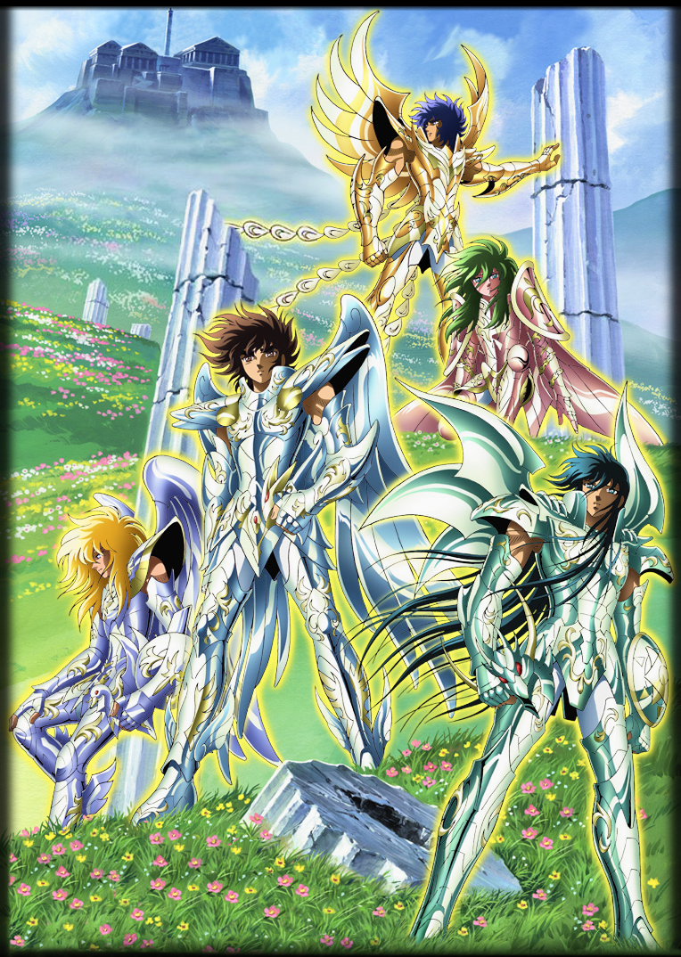 araki shingo, himeno michi, andromeda shun, cygnus hyouga, dragon shiryuu, pegasus seiya, phoenix ikki, saint seiya, 5boys, against wall, armor, bird, black hair, blonde hair, blue eyes, blue hair, brown eyes, brown hair, cloud, day, detached sleeves, dragon, elysion fields, field, fingerless gloves, flower, flower field, gloves, grass, green hair, hand on own hip, hip focus, kneeling, long hair, male focus, multiple boys, outdoors, shield, sitting, sky, standing, swan, very long hair, wings