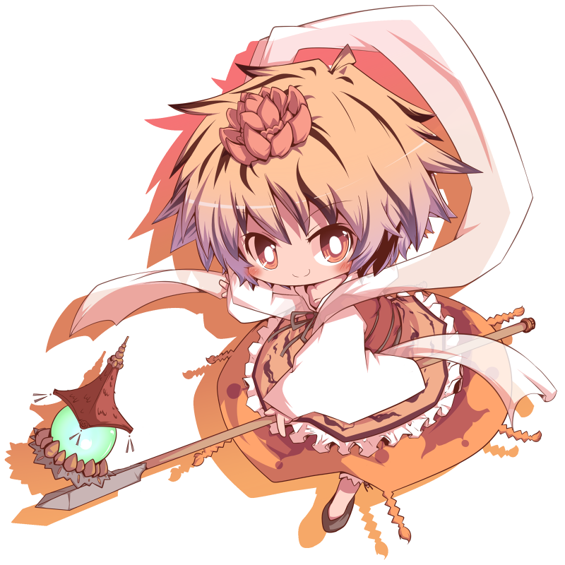 mori no kaeru, toramaru shou, touhou, 10s, 1girl, 2010, animal print, bishamonten's pagoda, blonde hair, chibi, female focus, full body, hair ornament, multicolored hair, new year, polearm, shadow, shawl, short hair, simple background, smile, solo, spear, standing, tiger print, weapon, white background, yellow eyes