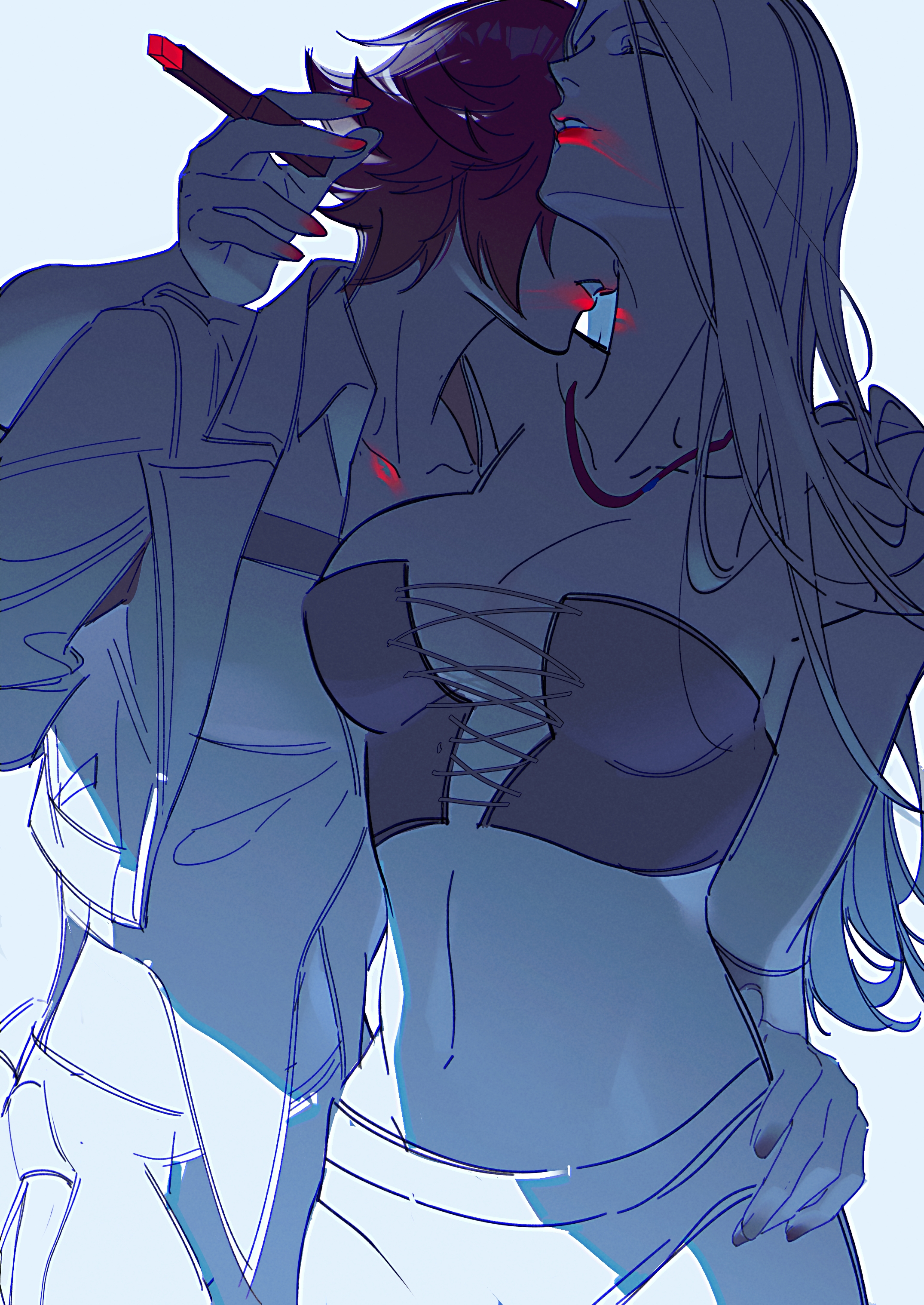 warsong zhange, lady (devil may cry), trish (devil may cry), devil may cry (series), devil may cry 5, absurdres, commentary, english commentary, highres, 2girls, blue background, breasts, cleavage, closed eyes, collarbone, cosmetics, couple, crop top, cropped jacket, faceless, faceless female, hair between eyes, hand on another's hip, holding, holding lipstick tube, imminent kiss, jacket, kiss, kissing neck, large breasts, leaning on person, leaning to the side, lipstick, lipstick mark, lipstick tube, long hair, makeup, multiple girls, navel, open clothes, open jacket, pants, parted lips, partially colored, red lips, shade, short hair, smeared lipstick, standing, stomach, upper body, yuri