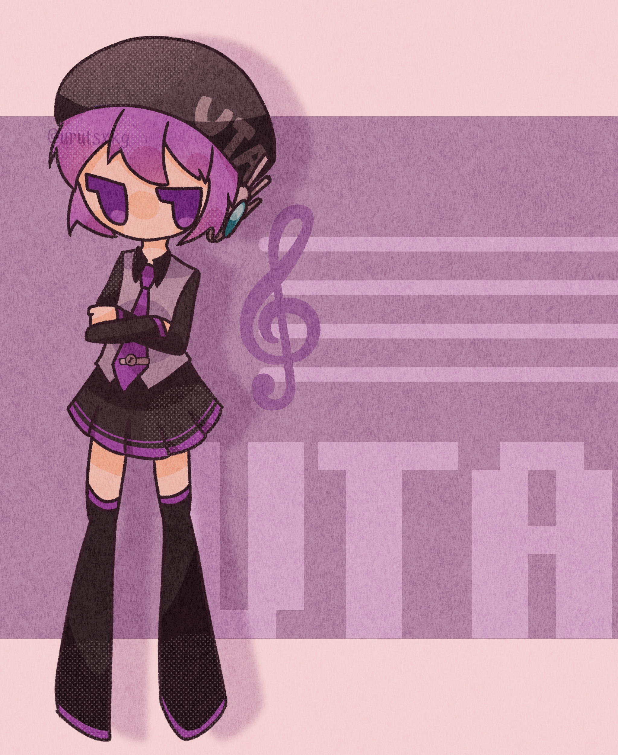 utane uta, utau, absurdres, commentary, english commentary, highres, 1girl, beret, black boots, black hat, black skirt, boots, collared shirt, crossed arms, deformed, full body, hat, long sleeves, miniskirt, necktie, pleated skirt, purple eyes, purple hair, purple necktie, shirt, short hair, skirt, solo, standing, thigh boots, urutsxkg