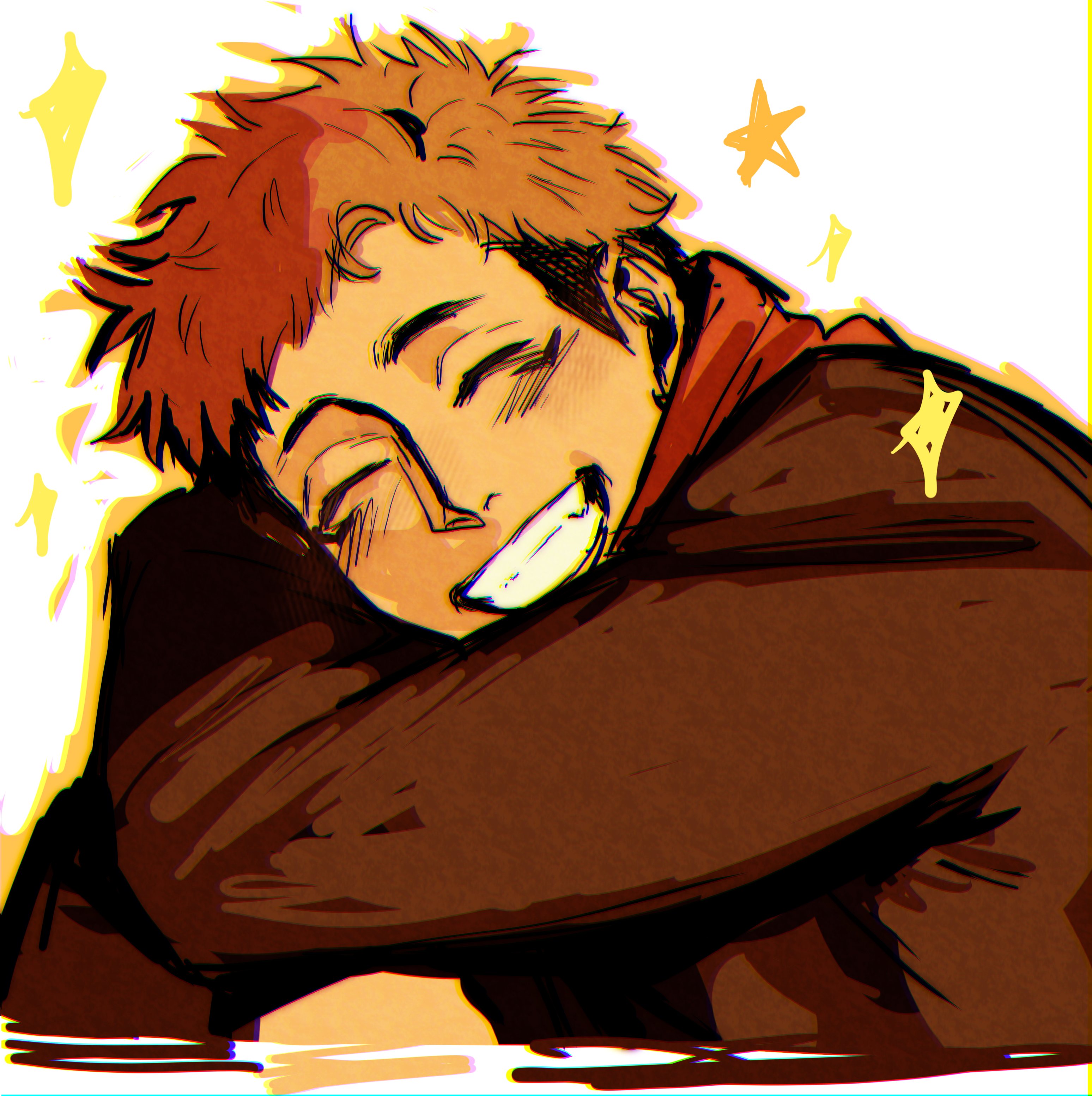 owwllly, itadori yuuji, jujutsu kaisen, absurdres, commentary, english commentary, highres, 1boy, closed eyes, closed mouth, facing viewer, grin, happy, hood, hood down, jujutsu tech uniform, male focus, red hood, short hair, simple background, smile, solo, sparkle, undercut, white background