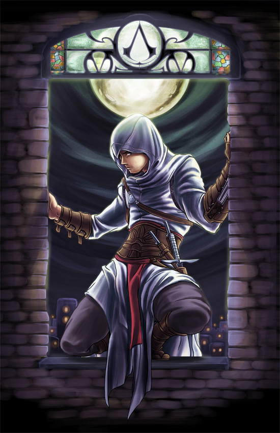 keisukegumby, altair ibn la-ahad, assassin's creed, assassin's creed (series), blade, 1boy, belt, concealed weapon, emblem, gloves, hidden blade (assassin's creed), hood, knife, male focus, robe, sheath, solo, strap, weapon
