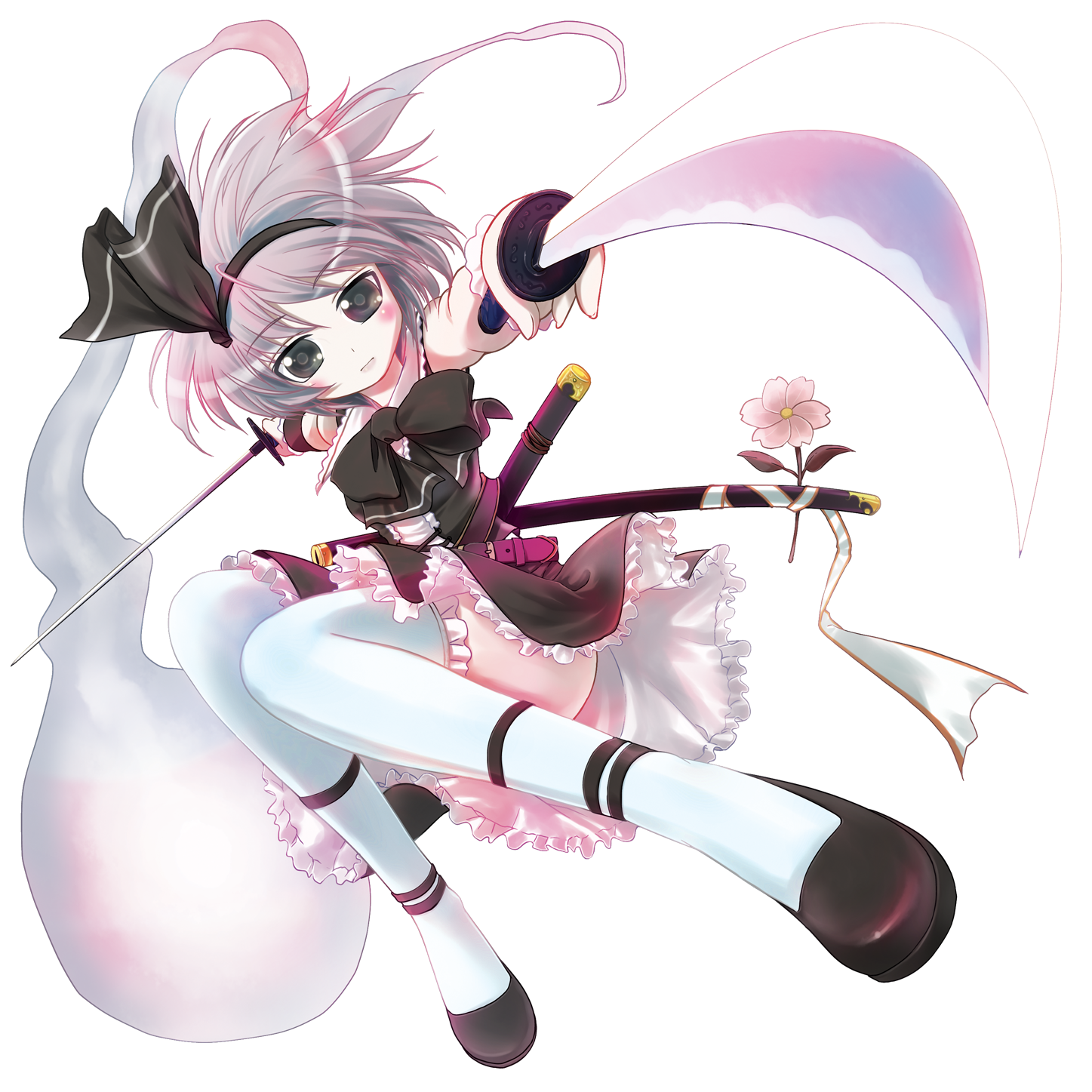 porurin (do-desho), konpaku youmu, konpaku youmu (ghost), touhou, silver hair, highres, 1girl, alternate costume, dual wielding, female focus, flower, full body, ghost, grey eyes, hairband, holding, katana, short hair, solo, sword, tanto, thighhighs, transparent background, weapon