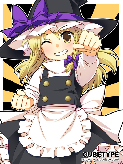 yuuki keisuke, kirisame marisa, touhou, 1girl, braid, buttons, dress, female focus, grin, hair ribbon, hat, one eye closed, ribbon, smile, solo, wink, witch, witch hat, yellow eyes