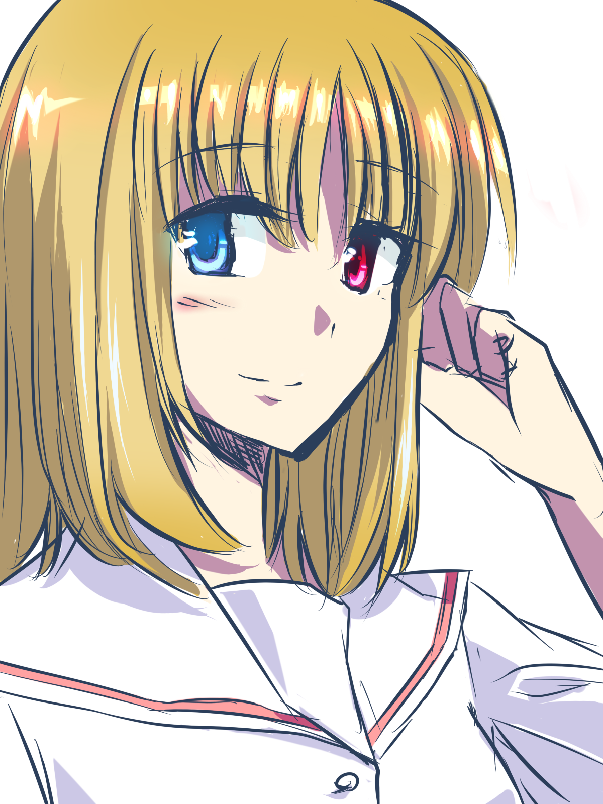 supei, fukuji mihoko, saki (manga), bad id, bad pixiv id, highres, 00s, 1girl, blonde hair, female focus, heterochromia, school uniform, solo, white background