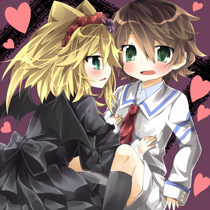 chiruku, hatori kanon, inomata ken, anyamal tantei kirumin zoo, bad id, bad pixiv id, bat wings, blonde hair, blush, brown hair, gothic lolita, green eyes, hairband, headdress, heart, lolita fashion, necktie, ribbon, school uniform, surprised, wings