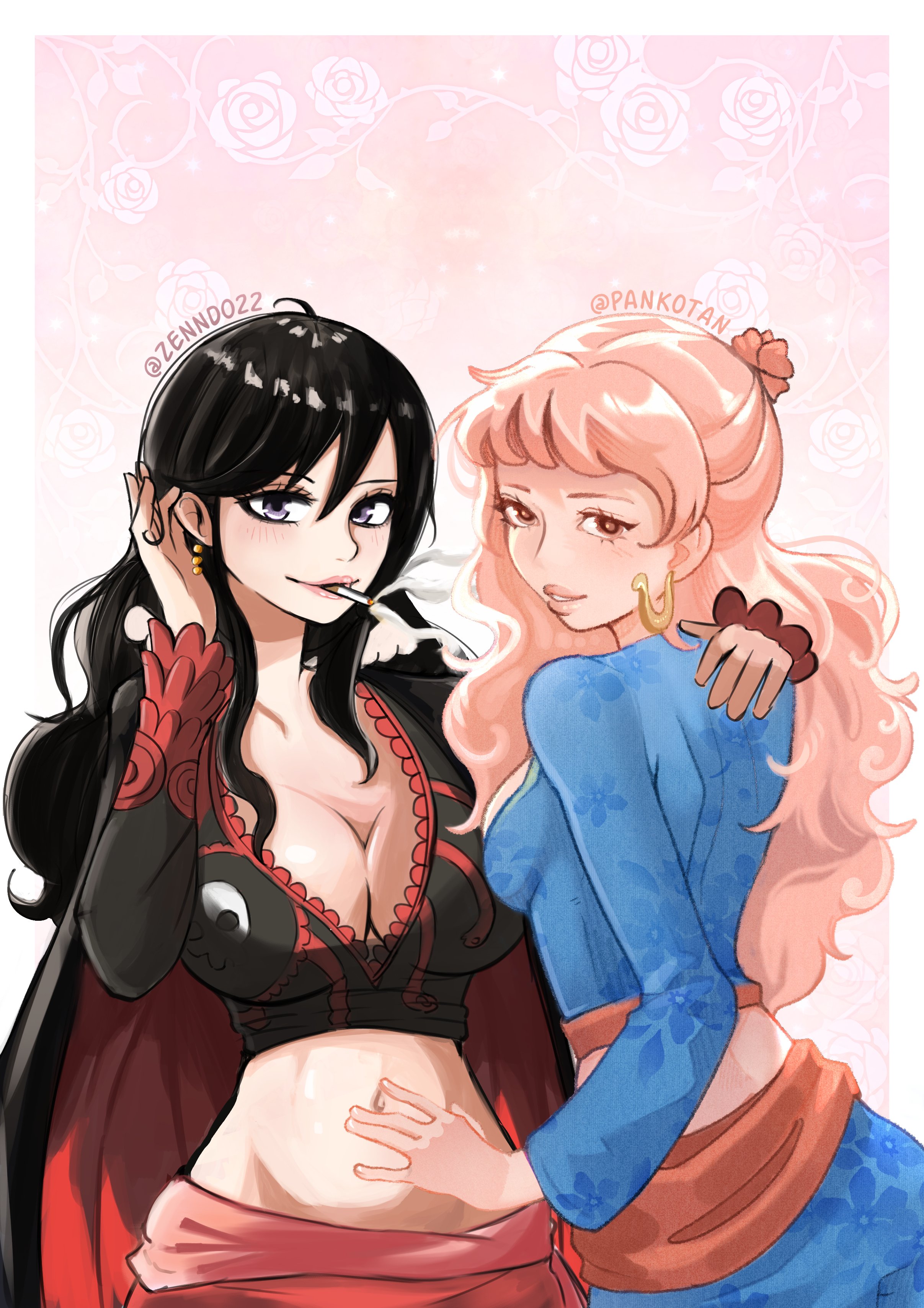 gloriosa (one piece), shakuyaku (one piece), one piece, absurdres, artist collaboration, commentary, english commentary, highres, making-of available, 2girls, black hair, black shirt, blue shirt, breasts, cigarette, cleavage, crop top, earrings, flower, hair behind ear, half updo, jewelry, kuja pirates jolly roger, long hair, long sleeves, looking back, midriff, multiple girls, navel, pank0tan, pink hair, rose, sash, shirt, sidelocks, smile, smoke, twitter username, zenndo22
