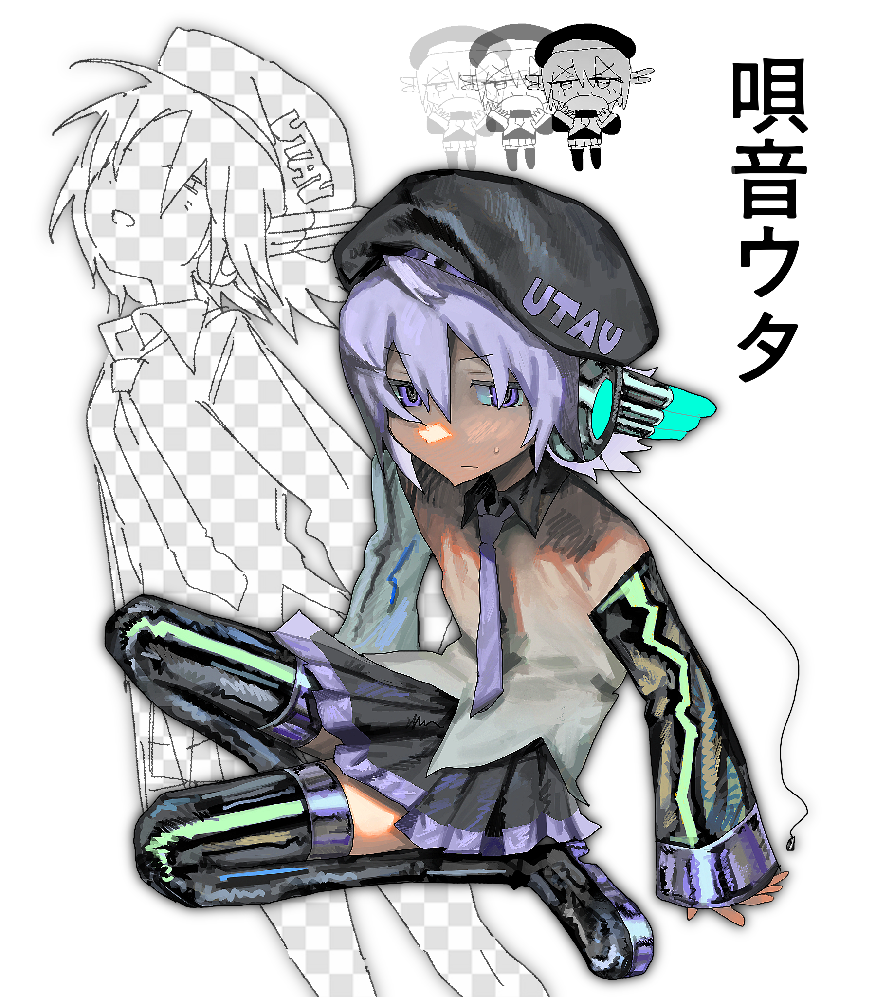 sueao3, utane uta, utau, commentary request, highres, 1girl, beret, black boots, black hat, black skirt, boots, character name, chibi, chibi inset, closed mouth, fake transparency, hat, long sleeves, looking at viewer, miniskirt, multiple views, necktie, pleated skirt, purple eyes, purple hair, purple necktie, shiny clothes, short hair, skirt, sleeves past wrists, thigh boots