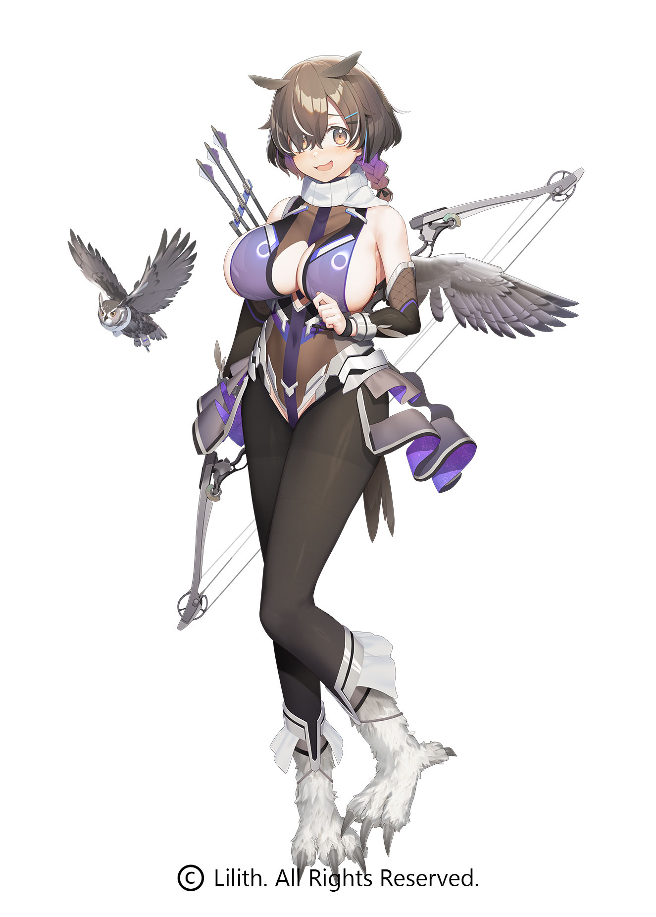 fuu fuu, taimanin (series), taimanin rpgx, commentary request, highres, official art, second-party source, 1girl, animal feet, arrow (projectile), bird, black pantyhose, bow (weapon), braid, breasts, cleavage, compound bow, copyright notice, feathered wings, feathers, full body, hair over one eye, kuzumi reina, large breasts, owl, owl girl, pantyhose, quiver, showgirl skirt, solo, talons, weapon, weapon on back, white background, wings