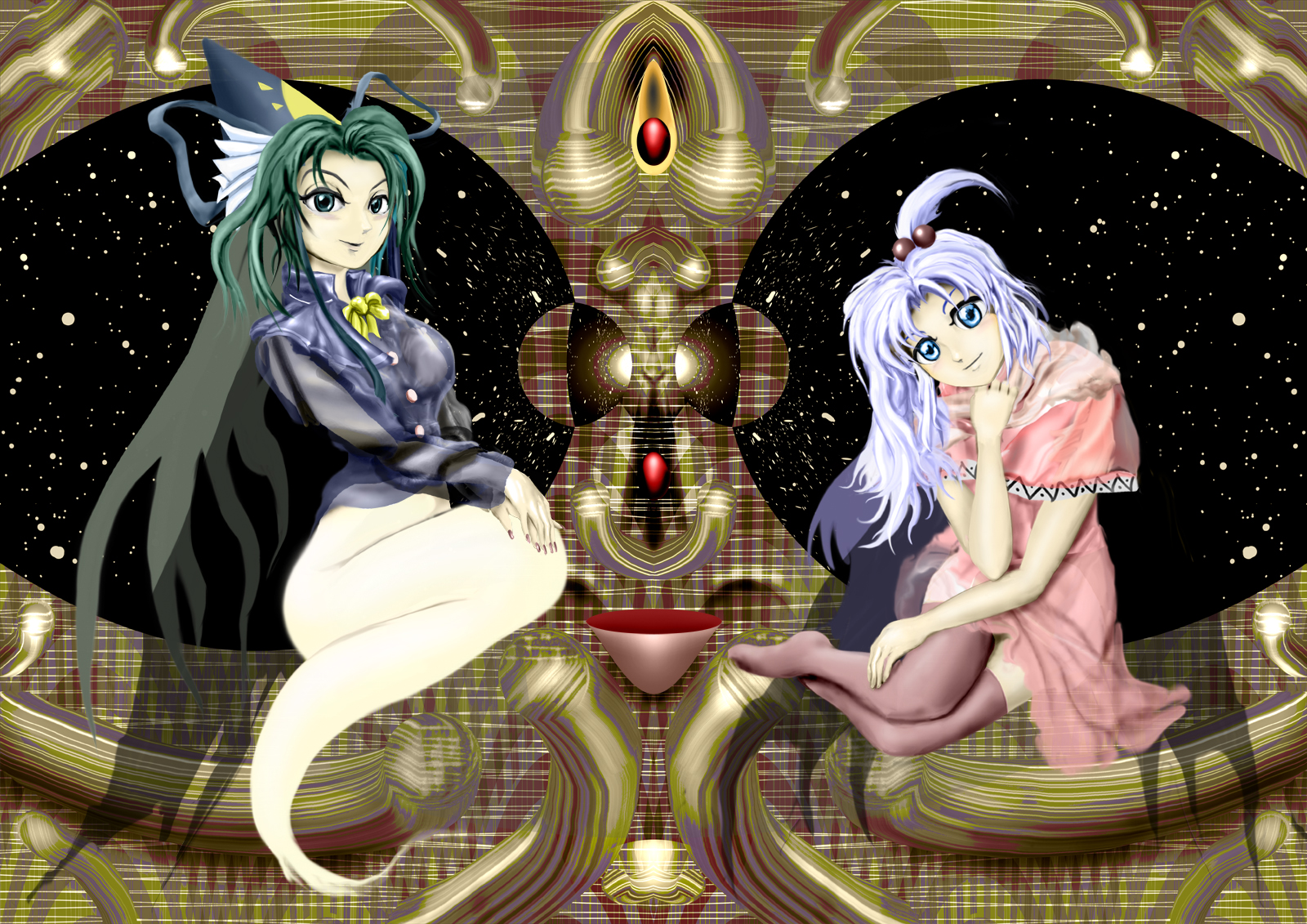 kams, mima (touhou), shinki (touhou), touhou, touhou (pc-98), commentary request, highres, blue capelet, blue eyes, blue hat, blue shirt, blush stickers, bottomless, capelet, ghost tail, green eyes, green hair, hair bobbles, hair ornament, hand on own chest, hands on own knees, hat, legs together, long hair, looking at viewer, pink robe, pink thighhighs, red nails, robe, see-through clothes, shirt, sitting, thighhighs, very long hair, wariza, white hair, wizard hat