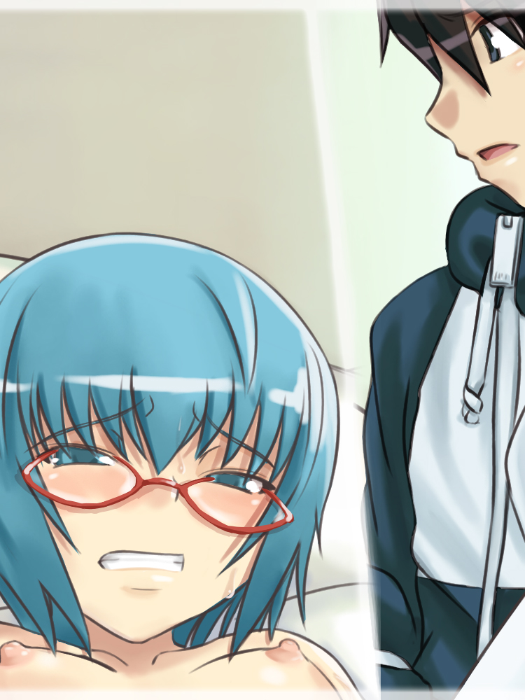 myu-po, hiraga saito, tabitha (zero no tsukaima), zero no tsukaima, 00s, 1boy, 1girl, aqua hair, breasts, glasses, pain, tears