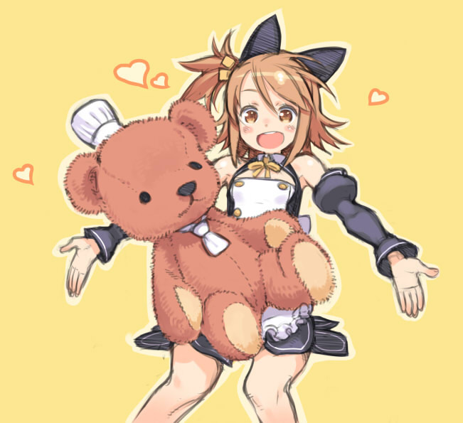 kuroboshi kouhaku, setsu (dream c club), dream c club, dream c club (series), 1girl, :d, chef hat, cube hair ornament, female focus, hair ornament, hat, open mouth, sketch, smile, solo, stuffed animal, stuffed toy, teddy bear