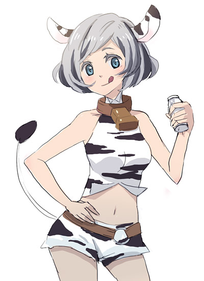apupu, original, 1girl, :p, :q, animal ears, animal print, bell, collar, cow ears, cow girl, cow print, cow tail, female focus, milk, neck bell, shorts, solo, tail, tongue, tongue out