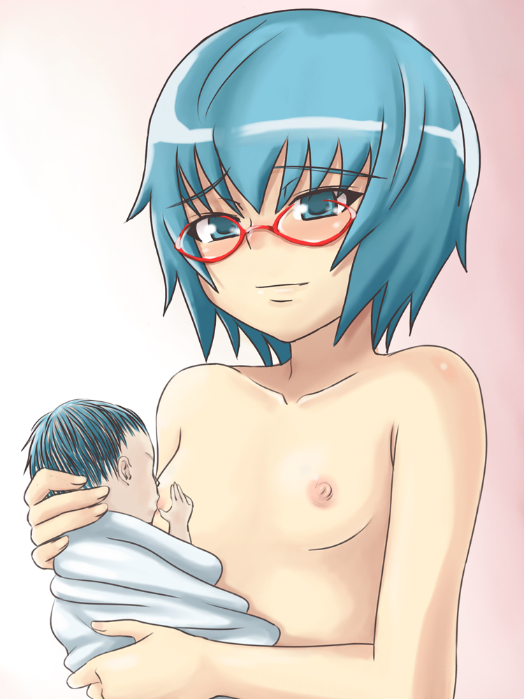 myu-po, tabitha (zero no tsukaima), zero no tsukaima, bad tag, 00s, age difference, aqua hair, baby, breastfeeding, breasts, glasses, loli, mother and child, nipples, nude, smile