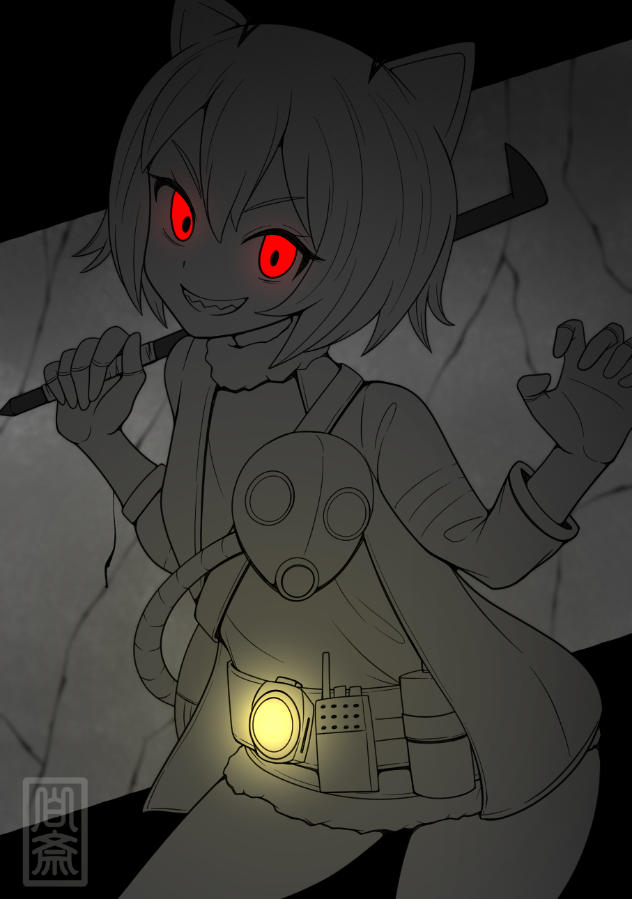 hakusai (user nkkd7242), giant otter (kemono friends) (kuro (kurojill)), arai-san mansion, kemono friends, commentary request, highres, 1girl, animal ears, belt, breasts, claw pose, cowboy shot, crowbar, fingerless gloves, fur-trimmed jacket, fur trim, gas mask, gloves, glowing, greyscale, holding, holding crowbar, jacket, looking at viewer, mask, monochrome, otter ears, otter girl, red eyes, shade, sharp teeth, short hair, smile, solo, spot color, teeth, walkie-talkie