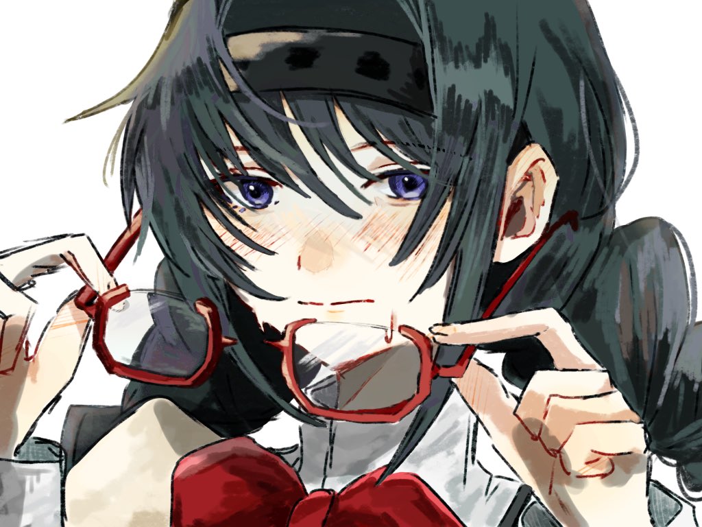 wataru032281529, akemi homura, mahou shoujo madoka magica, mahou shoujo madoka magica (anime), commentary request, black hair, black headband, blue eyes, blush, closed mouth, headband, holding, holding removed eyewear, long hair, looking at another, red-framed eyewear, red ribbon, ribbon, school uniform, twintails, unworn eyewear
