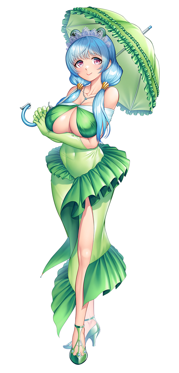 zol, amanaki ui, taimanin (series), taimanin rpgx, commentary request, highres, official art, second-party source, 1girl, blue hair, breasts, dress, elbow gloves, frilled dress, frills, full body, gloves, green dress, green shoes, green umbrella, high heels, holding, holding umbrella, jewelry, large breasts, looking at viewer, low twintails, necklace, official alternate costume, parasol, red eyes, shoes, smile, solo, tiara, twintails, umbrella