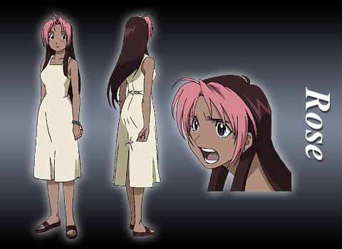 rose thomas, fullmetal alchemist, lowres, official art, 00s, brown hair, dark skin, multicolored hair, pink hair, sandals, two-tone hair