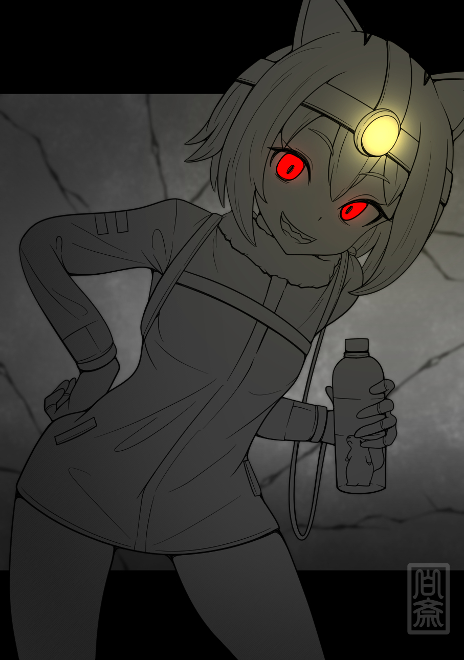 hakusai (user nkkd7242), giant otter (kemono friends) (kuro (kurojill)), arai-san mansion, kemono friends, commentary request, highres, 1girl, animal ears, bottle, breasts, cowboy shot, fingerless gloves, fur-trimmed jacket, fur trim, gloves, glowing, greyscale, hand on own hip, headlamp, holding, holding bottle, jacket, looking at viewer, monochrome, mouse (animal), otter ears, otter girl, plastic bottle, red eyes, shade, sharp teeth, short hair, smile, solo, spot color, teeth