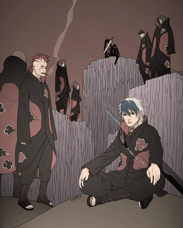 naruto (classic), naruto (series), naruto eledia, original, artist request, 6+boys, akatsuki (naruto), bald, bandages, beanie, black eyes, blue hair, brown hair, chain, cigar, coat, dark skin, hat, headband, hood, jewelry, long hair, male focus, mohawk, multiple boys, nail polish, pale skin, pants, purple hair, red hair, ring, shoes, smoke, spiked hair, sword, trench coat, weapon, white hair