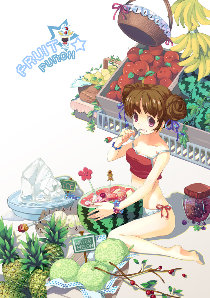 mintchoco (orange shabette), original, 1girl, banana, barefoot, bikini, brown hair, cherry, double bun, female focus, food, fruit, fruit cup, hair bun, lemon, pineapple, purple eyes, red bikini, red eyes, sitting, smile, solo, strawberry, swimsuit, tankini, watermelon