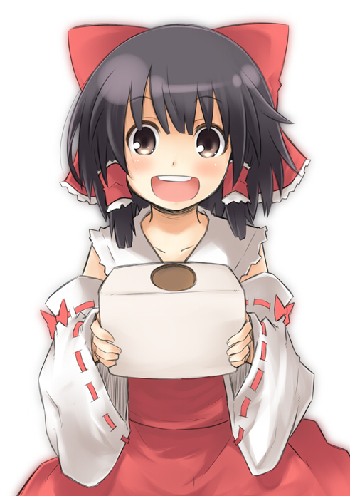 mukunoki nanatsu, nanatsu, hakurei reimu, touhou, bad id, bad pixiv id, 1girl, :d, bow, box, brown eyes, brown hair, detached sleeves, donation box, female focus, hair bow, japanese clothes, miko, open mouth, smile, solo