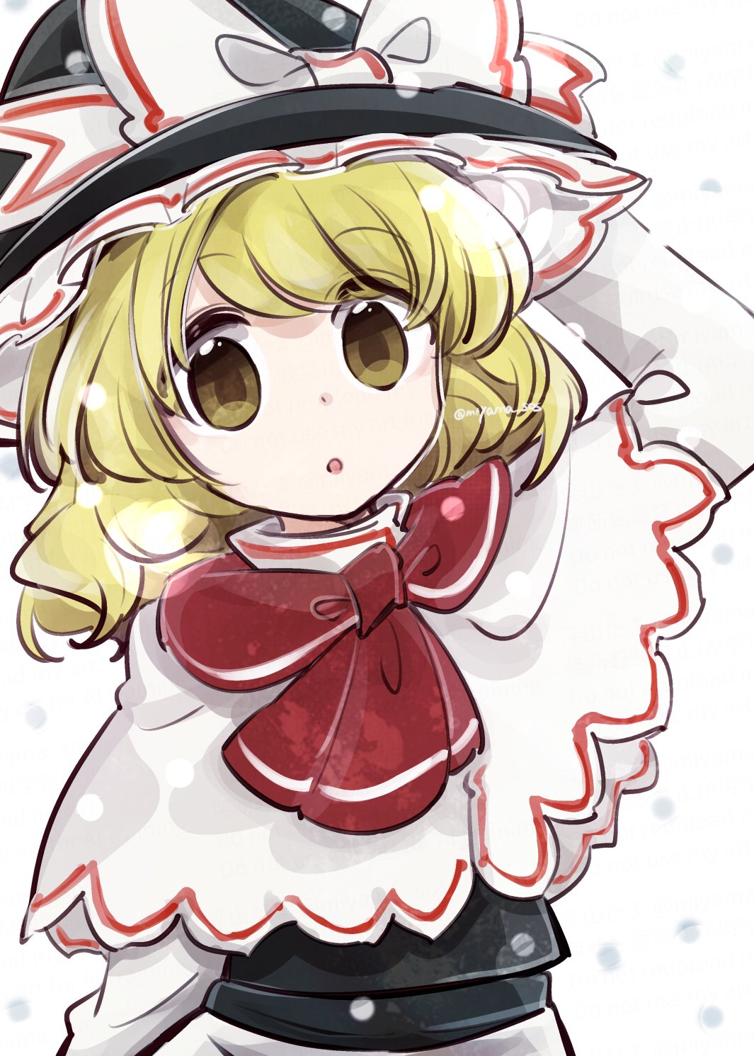 tama (hiroshige 36), kirisame marisa, perfect cherry blossom, touhou, commentary request, highres, 1girl, apron, arm up, black vest, blonde hair, bow, capelet, hat, hat bow, long hair, long sleeves, looking at viewer, official alternate costume, open mouth, solo, twitter username, vest, waist apron, white apron, white bow, white capelet, witch hat, yellow eyes