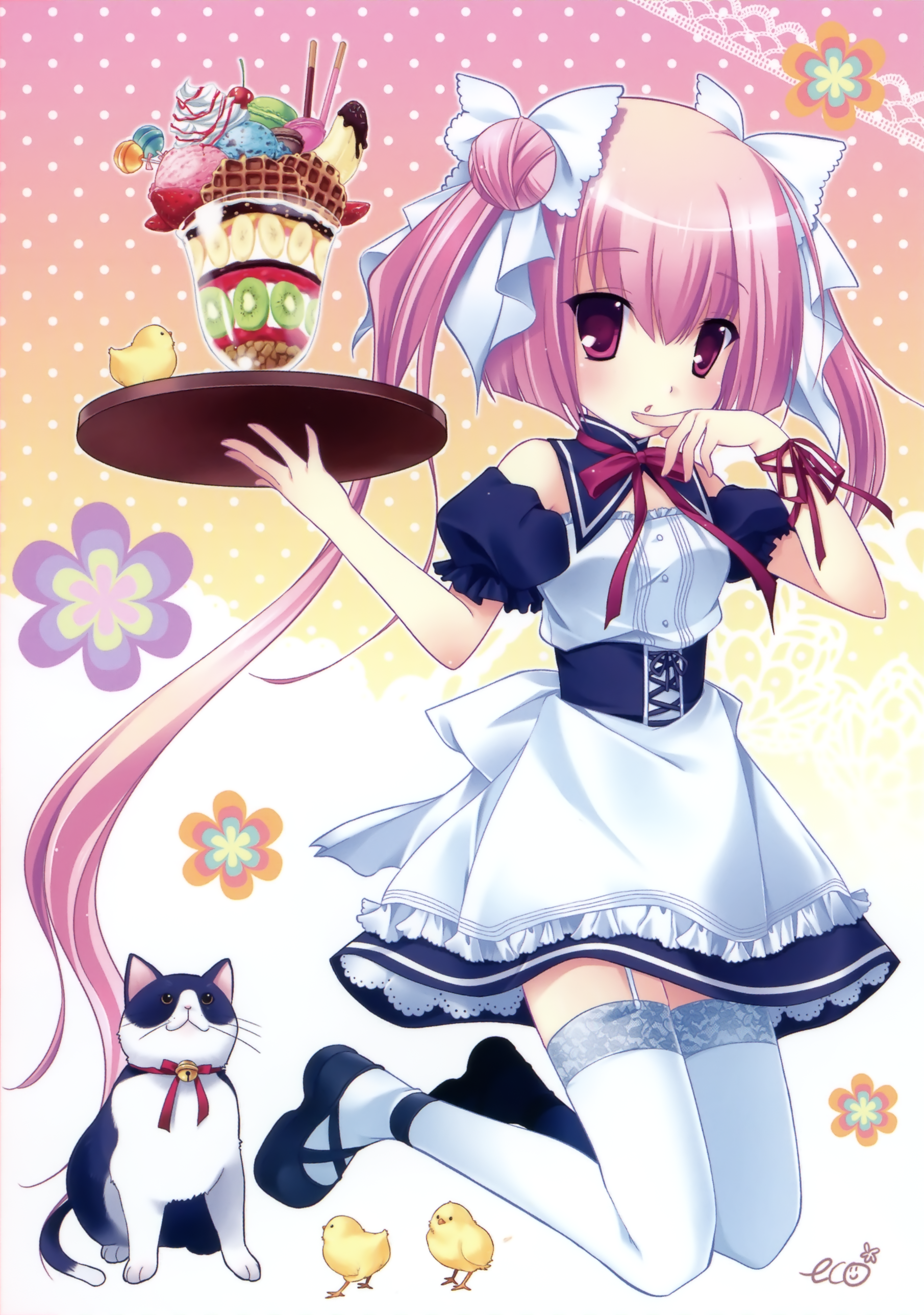 eco, asamiya kana, princess party, lace-trimmed legwear, absurdres, highres, 1girl, baby animal, bird, cat, chick, chicken, double bun, female focus, food, garter straps, hair bun, hair ribbon, ice cream, lace, lace trim, long hair, maid, pink eyes, pink hair, ribbon, shoes, solo, sundae, thighhighs, tray, twintails, waitress