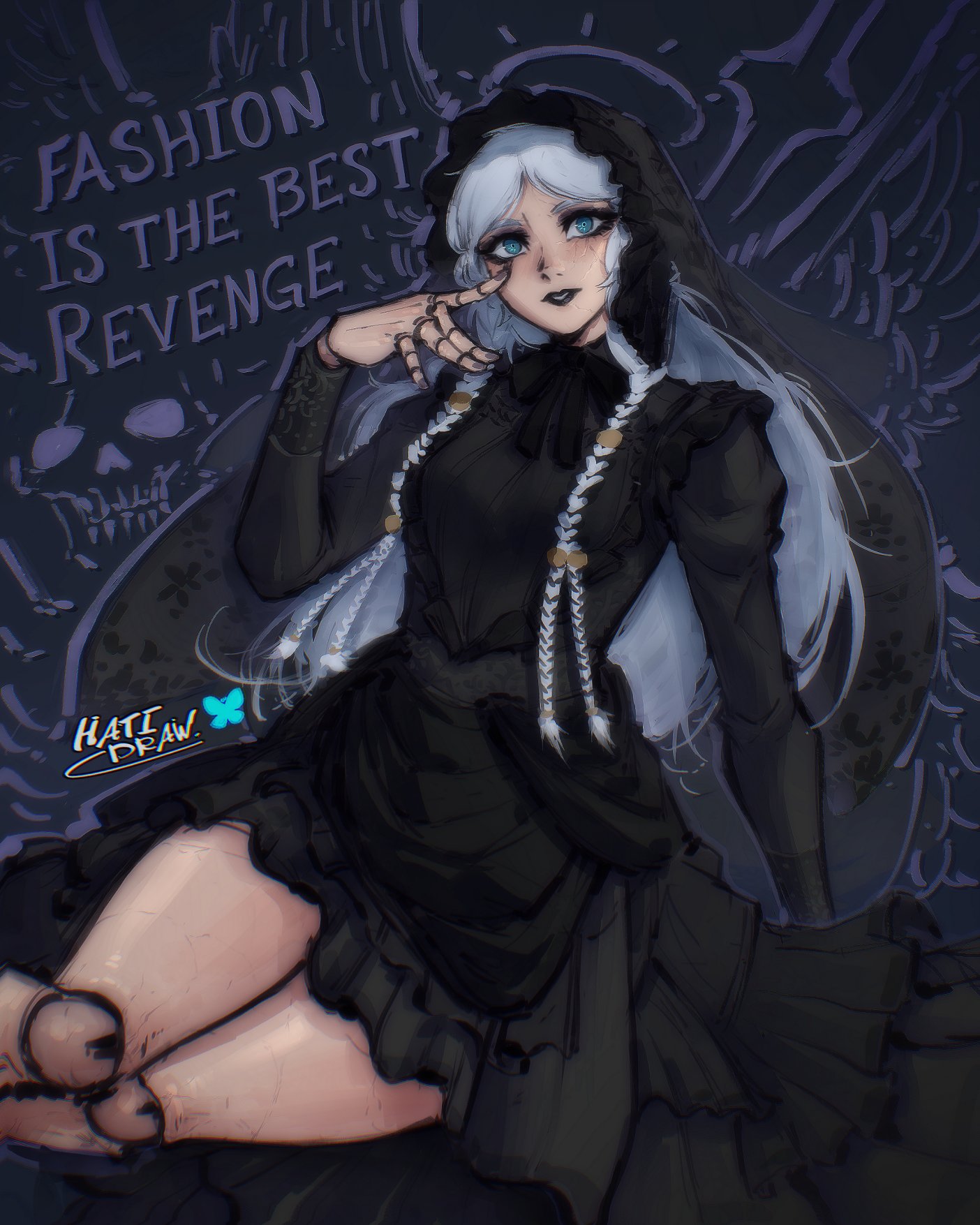 hatidraw, revenant (elden ring), elden ring, elden ring nightreign, commentary, english commentary, highres, 1girl, artist name, black bonnet, black bow, black lips, black veil, blue eyes, bonnet, bow, braid, doll joints, dress, english text, eyelid pull, frilled dress, frilled sleeves, frills, gothic lolita, grey hair, joints, juliet sleeves, lace, lolita fashion, long eyelashes, long sleeves, looking at viewer, low twin braids, official alternate costume, parted lips, puffy sleeves, purple background, simple background, sitting, skull, solo, thighs, twin braids, veil, yokozuwari
