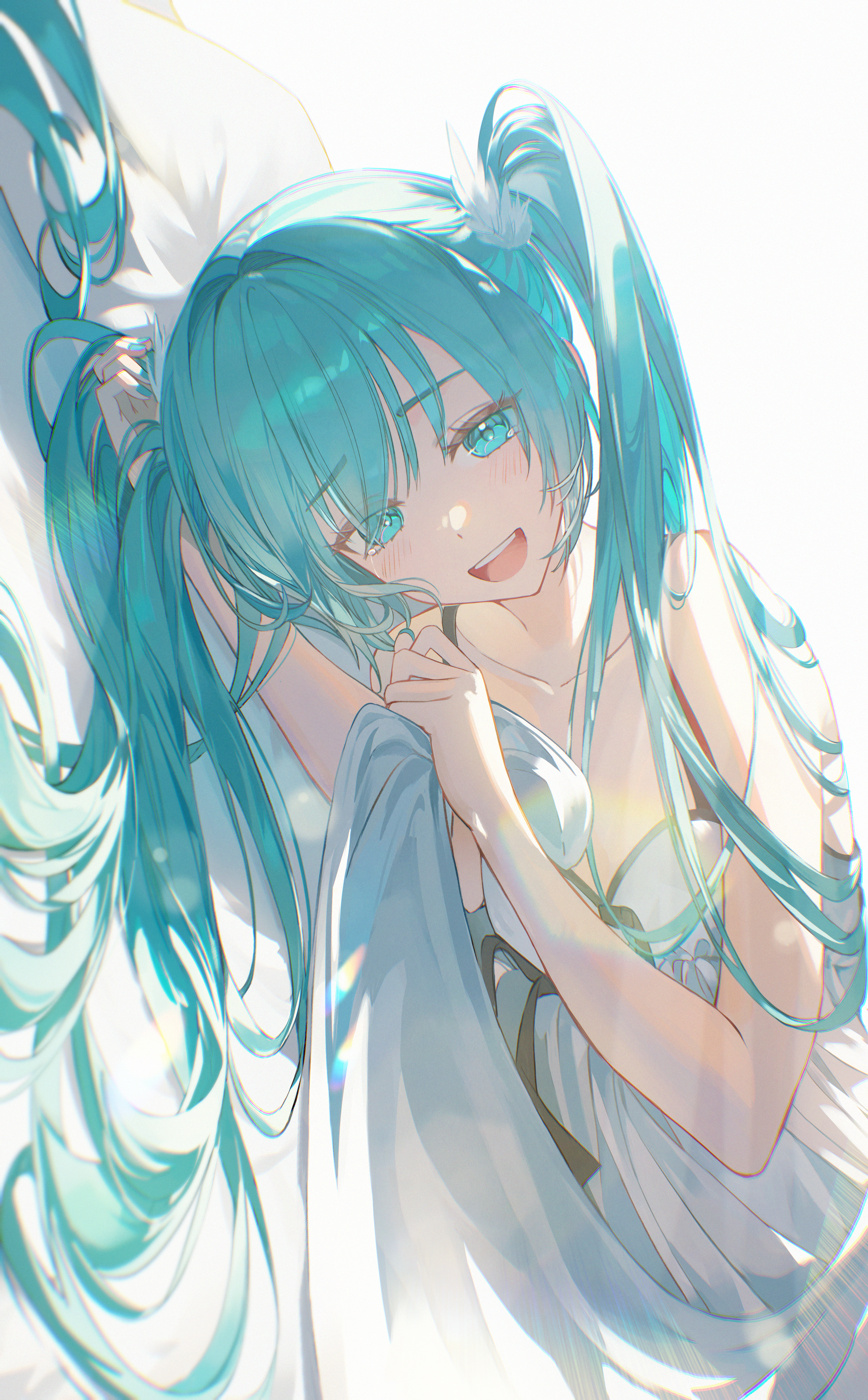 nun nu, hatsune miku, vocaloid, absurdres, commentary request, highres, 1girl, alternate costume, aqua eyes, aqua hair, aqua nails, backlighting, breasts, collarbone, dress, long hair, looking at viewer, lying, nail polish, nightgown, on side, open mouth, sideways, small breasts, solo, teeth, twintails, upper body, upper teeth only, white dress