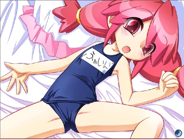 y jinn, fine (futagohime), fushigiboshi no futago hime, 1girl, bed, blue one-piece swimsuit, blue school swimsuit, blush, flat chest, loli, long hair, looking at viewer, lying, name tag, one-piece swimsuit, pillow, pink hair, red eyes, school swimsuit, spread legs, swimsuit, twintails