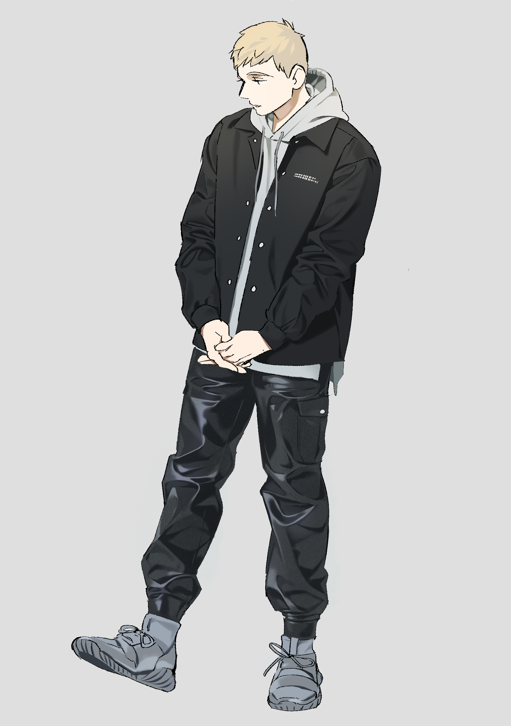laios touden, dungeon meshi, absurdres, commentary request, highres, korean commentary, 1boy, black jacket, black pants, blonde hair, contemporary, daki daily, full body, grey background, grey hoodie, grey shoes, hood, hoodie, jacket, male focus, pants, shoes, short hair, simple background, solo, standing, teeth, very short hair