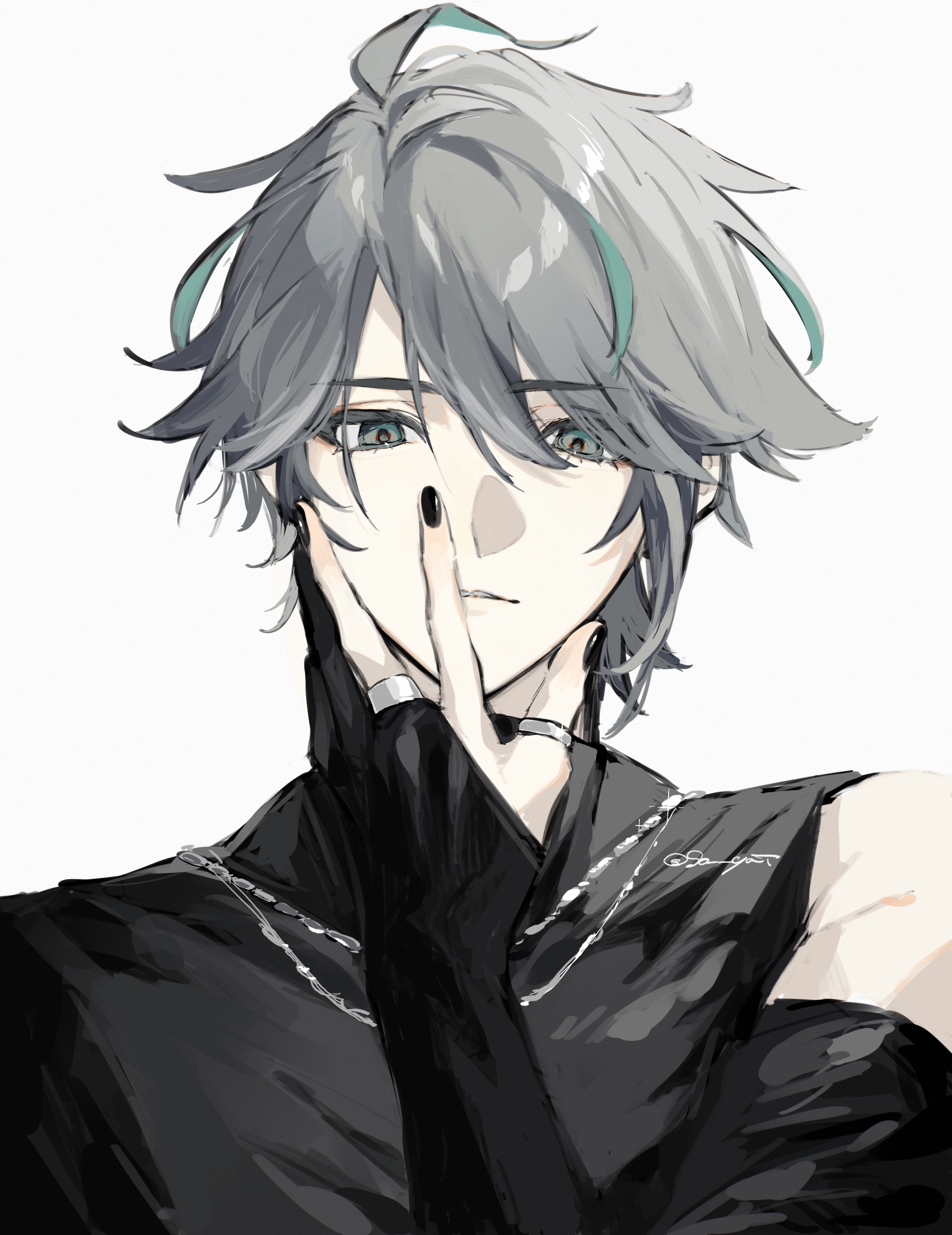 sho yai, alhaitham (genshin impact), genshin impact, absurdres, highres, 1boy, alternate costume, aqua hair, black gloves, black nails, black shirt, gloves, grey background, grey hair, hair between eyes, jewelry, looking at viewer, male focus, multicolored hair, multiple rings, necklace, partially fingerless gloves, ring, shirt, short hair, simple background, solo, thumb ring, two-tone hair