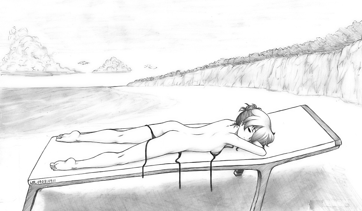 harumachi nagaaki, original, untied, 1girl, ass, barefoot, beach, bikini, breasts, closed eyes, cloud, feet, female focus, full body, greyscale, legs, lying, monochrome, nude, on stomach, onsen, outdoors, plantar flexion, small breasts, soles, solo, sunbathing, swimsuit, toes