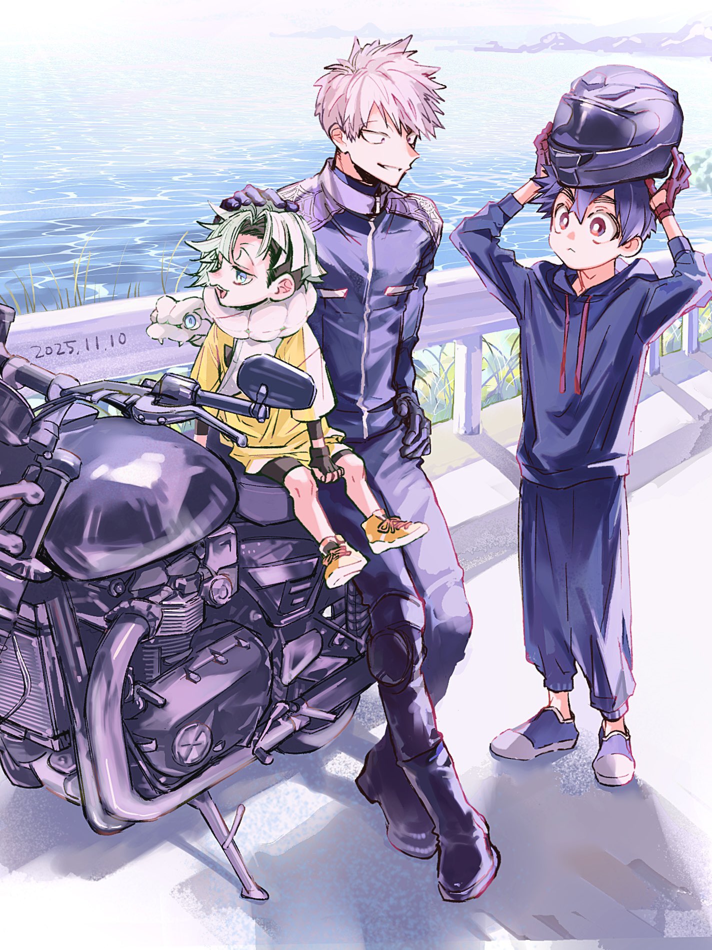 wao (77 af5), kusaka kabane, tademaru shiki, tamaki (kemono jihen), kemono jihen, highres, 3boys, black hair, dated, gloves, green hair, helmet, hood, hoodie, jacket, looking at another, male focus, motor vehicle, motorcycle, multiple boys, red eyes, short hair, thick eyebrows, water