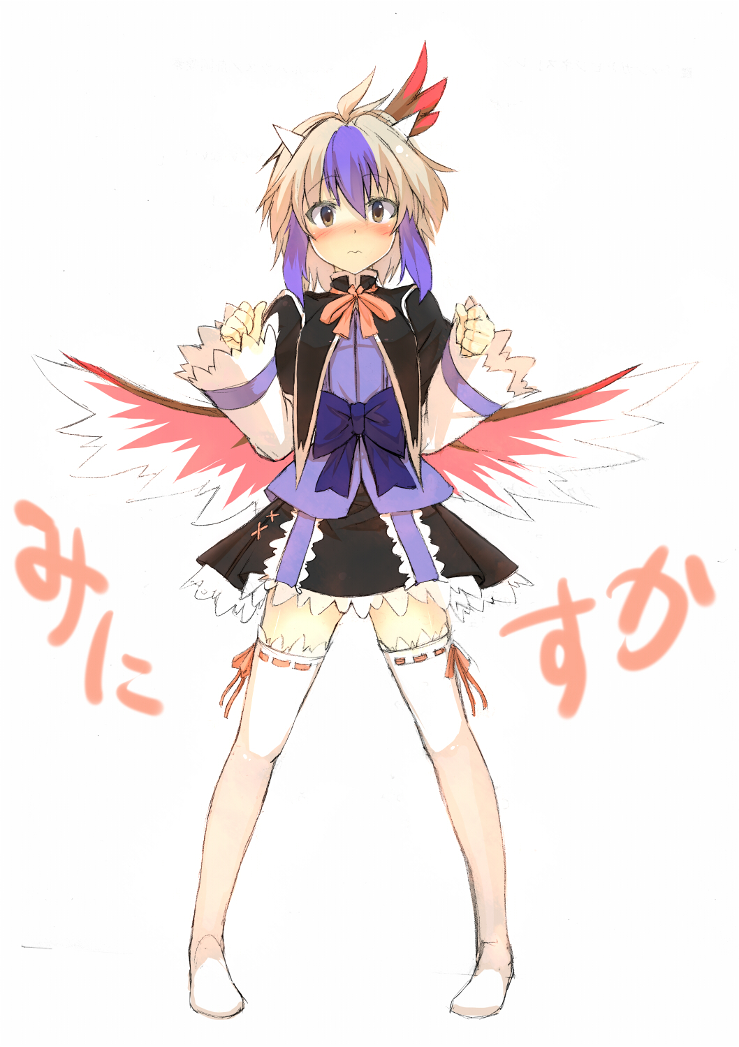 eho (icbm), kaiho, tokiko (touhou), curiosities of lotus asia, touhou, silver hair, bad id, bad pixiv id, highres, 1girl, ahoge, blue hair, blush, bow, bowtie, female focus, head wings, horns, long sleeves, multicolored hair, ribbon, sketch, skirt, solo, thighhighs, white thighhighs, wings, zettai ryouiki