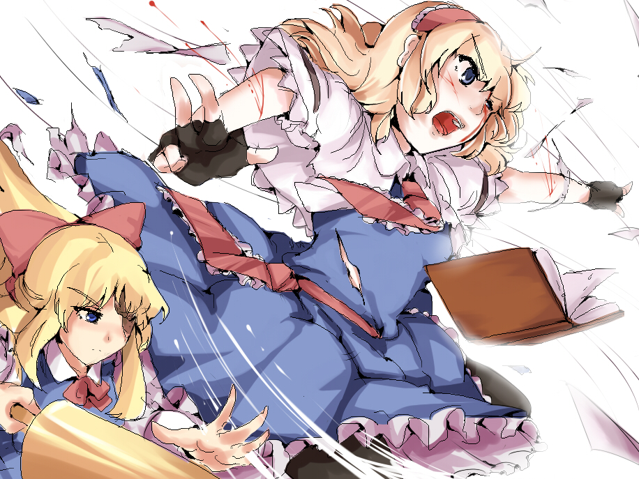 magukappu, alice margatroid, shanghai doll, touhou, 1girl, blood, book, bow, dress, female focus, fingerless gloves, gloves, hair bow, hairband, lance, polearm, solo, spear, weapon, white background, wind