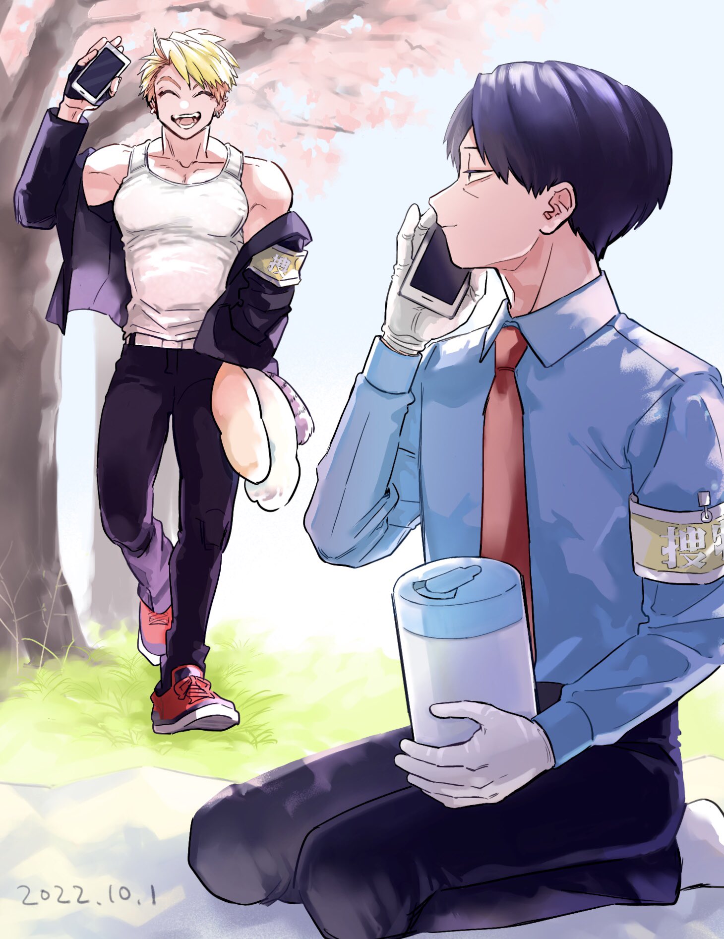 wao (77 af5), akagi kazuaki, hanagata kaede, kemono jihen, highres, 2boys, armband, black hair, blonde hair, closed eyes, collarbone, collared shirt, dated, full body, gloves, grass, kneeling, looking at another, male focus, multiple boys, necktie, open mouth, phone, shirt, short hair, tank top, white tank top