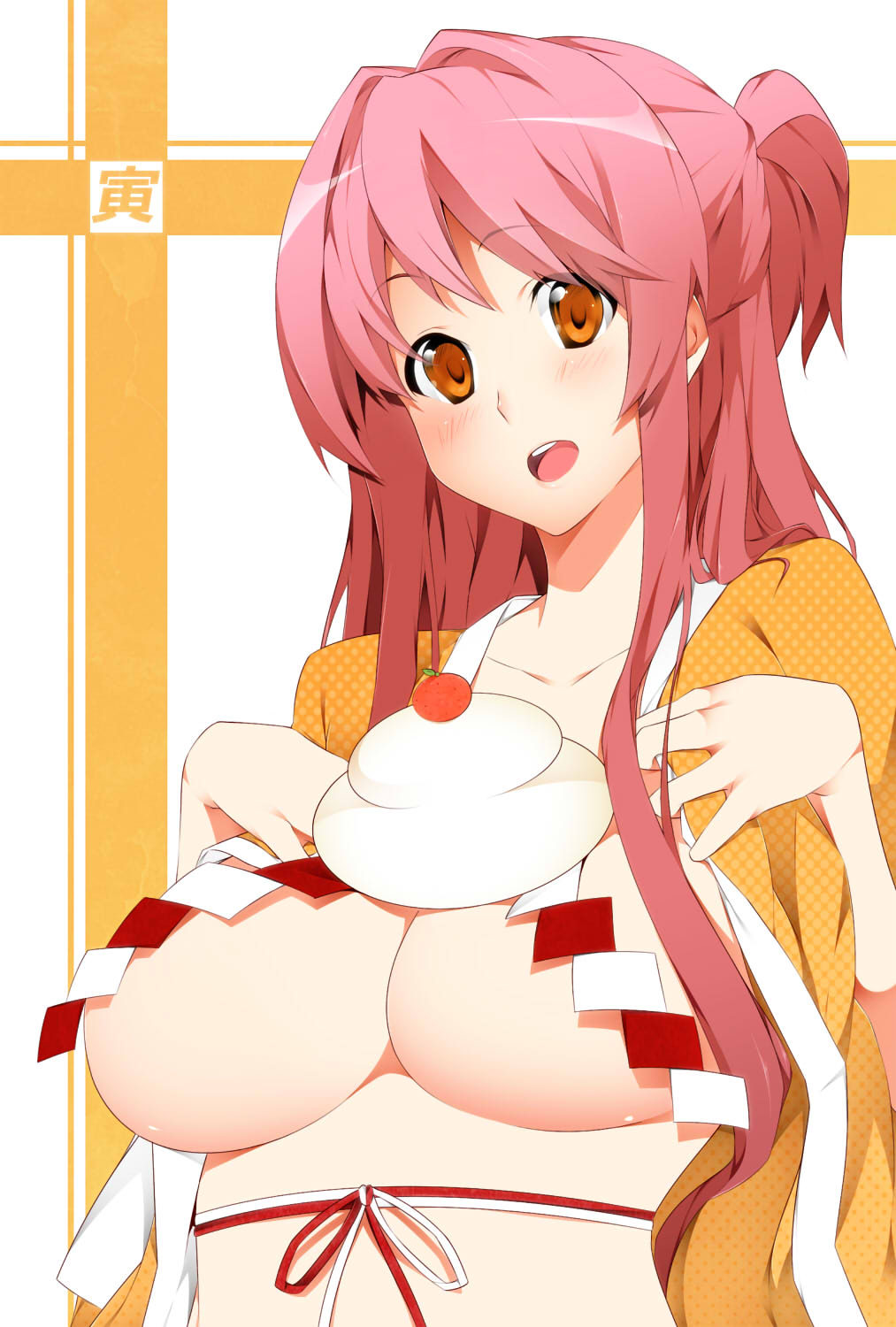 nanao (mahaya), original, bad id, bad pixiv id, highres, 1girl, blush, breasts, female focus, food, long hair, no bra, open clothes, open shirt, orange eyes, pink hair, shirt, solo, underboob