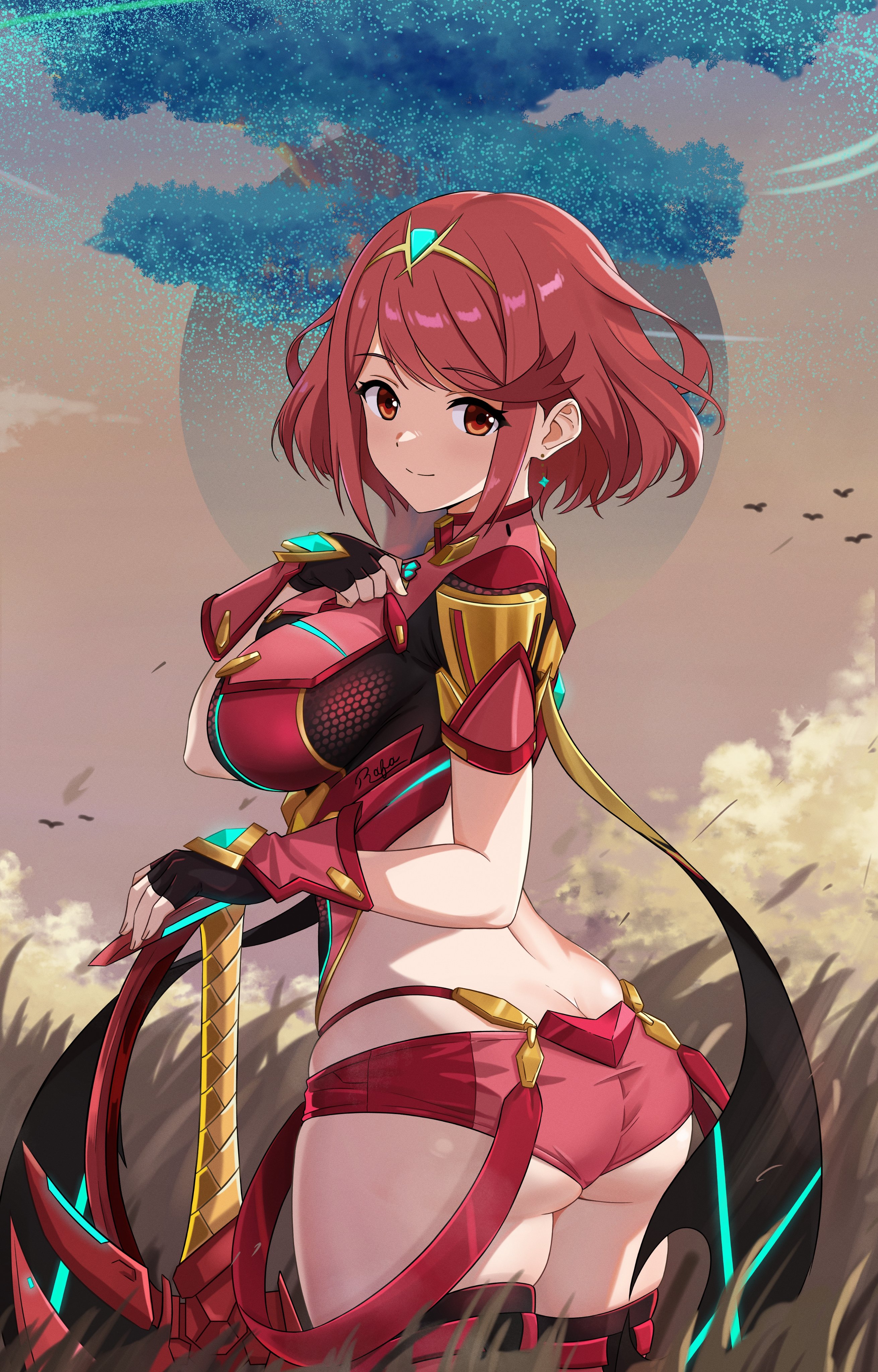 string rafart, pyra (xenoblade), xenoblade chronicles (series), xenoblade chronicles 2, absurdres, highres, 1girl, aegis sword (xenoblade), bob cut, breasts, chest jewel, core crystal (xenoblade), earrings, floating earrings, headpiece, large breasts, red shorts, shorts, swept bangs, tiara