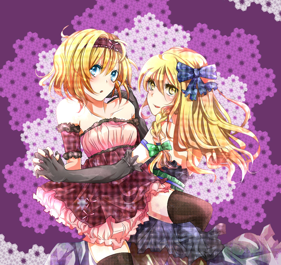 nokan, alice margatroid, kirisame marisa, touhou, black legwear, brown legwear, 2girls, :d, :o, adapted costume, alternate costume, armband, back, bare shoulders, black gloves, blonde hair, blue armband, blue dress, blue eyes, blush, braid, breasts, collarbone, couple, dress, elbow gloves, female focus, floating hair, gloves, green ribbon, hair between eyes, hair ribbon, hairband, holding hands, interlocked fingers, leg lock, long hair, looking at viewer, looking back, medium breasts, multiple girls, nail polish, neck, open mouth, pantyhose, purple armband, purple background, purple hairband, purple nails, ribbon, short dress, short hair, smile, strapless, strapless dress, thighhighs, wavy hair, yellow eyes, yuri