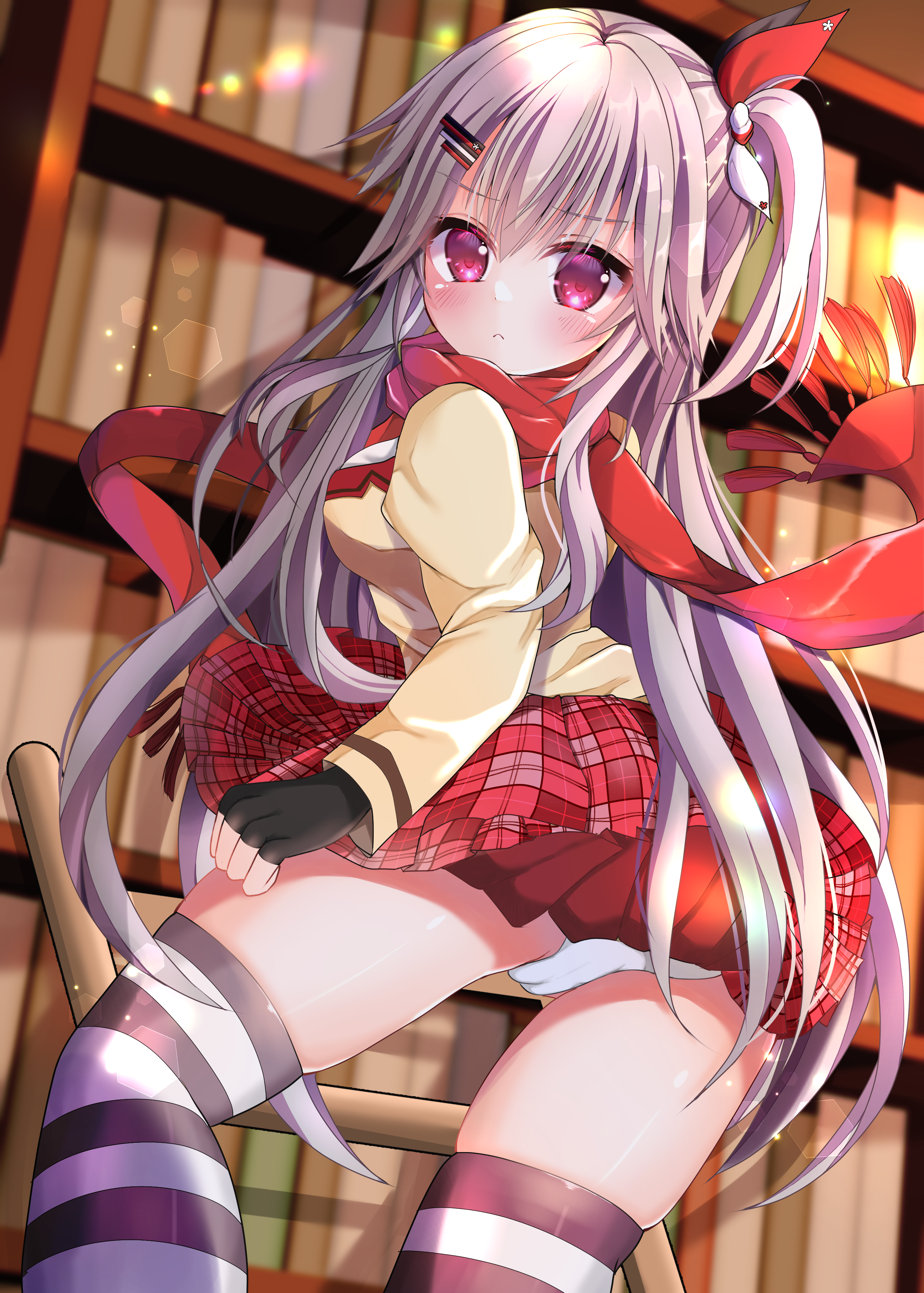 annzu129, shiranui inori, hanasaki work spring, absurdres, commentary request, highres, 1girl, :<, black gloves, bookshelf, cameltoe, clenched hand, closed mouth, clothes lift, cowboy shot, eyelashes, eyes visible through hair, fingerless gloves, floating scarf, fringe trim, from behind, frown, furrowed brow, gloves, grey hair, hair between eyes, hair ornament, hair ribbon, hairclip, indoors, jacket, ladder, lens flare, library, light particles, long hair, long scarf, long sleeves, looking at viewer, looking back, miniskirt, multicolored ribbon, one side up, panties, pantyshot, pink eyes, plaid clothes, plaid skirt, pleated skirt, red scarf, red skirt, ribbon, scarf, school uniform, shiny skin, skindentation, skirt, skirt lift, solo, striped clothes, striped thighhighs, thighhighs, underwear, very long hair, white panties, yellow jacket