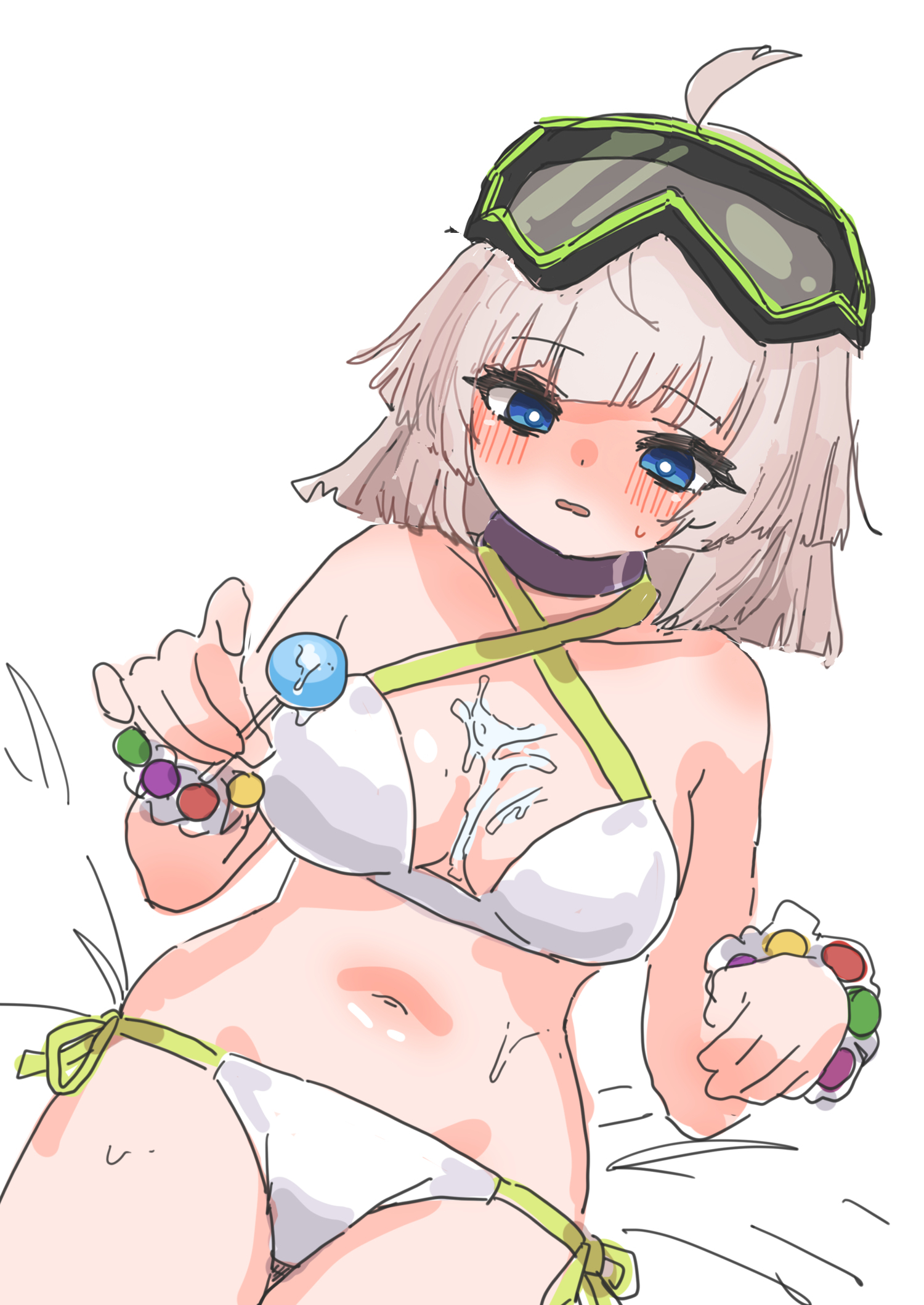 ealun zatta, aa-12 (girls' frontline), aa-12 (the sun never rises) (girls' frontline), girls' frontline, commentary request, highres, 1girl, bikini, blue eyes, blush, breasts, brown hair, candy, confused, diving mask, diving mask on head, food, goggles, goggles on head, hands up, holding, holding candy, holding food, holding lollipop, lollipop, medium breasts, medium hair, navel, sexually suggestive, side-tie bikini bottom, solo, surprised, swimsuit, white bikini