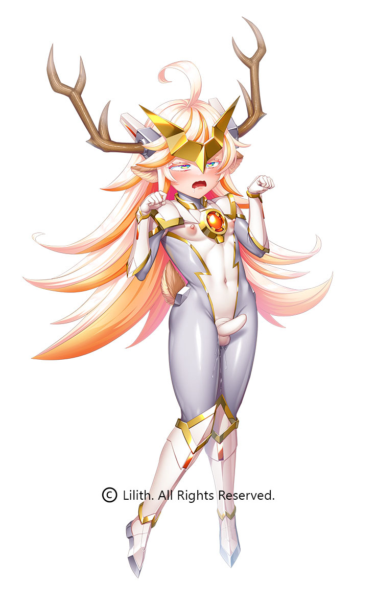 obui, uehara shikanosuke, taimanin (series), taimanin rpgx, commentary request, official art, second-party source, 1boy, ahoge, blonde hair, bodysuit, bulge, copyright notice, covered erect nipples, covered navel, dual persona, erection, erection under clothes, fighting stance, full body, gold headdress, horns, long hair, paw pose, saliva, solo, summoning, tail, taimanin suit, trap, wavy mouth, white background