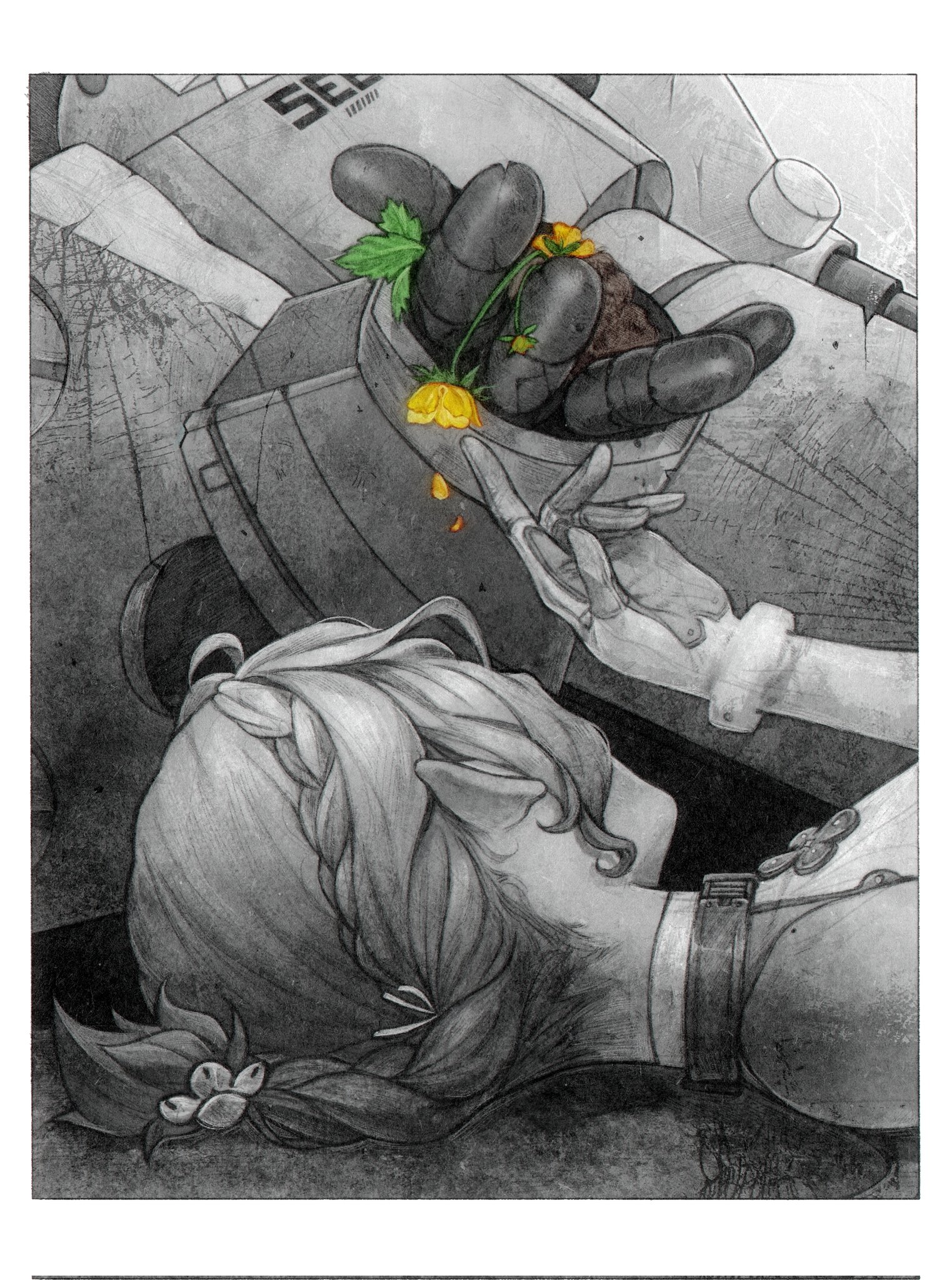seed (zenless zone zero), seed sr., zenless zone zero, hashtag-only commentary, highres, 1girl, bare shoulders, dirt, falling petals, flower, flower hairpin, from side, gloves, greyscale, holding, holding flower, humanoid robot, lying, mechanical arms, mechanical hands, mole, mole on shoulder, monochrome, on back, petals, ponytail, qurravis, robot, spot color, yellow flower