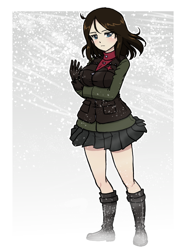 takahashi kurage, nonna (girls und panzer), girls und panzer, commentary, textless version, 1girl, adjusting clothes, adjusting gloves, black boots, black gloves, black hair, black skirt, black vest, blue eyes, boots, closed mouth, frown, full body, gloves, green jacket, jacket, long sleeves, looking at viewer, medium hair, military uniform, miniskirt, outside border, pleated skirt, pravda military uniform, red shirt, shirt, skirt, snowing, solo, swept bangs, turtleneck, vest, wind