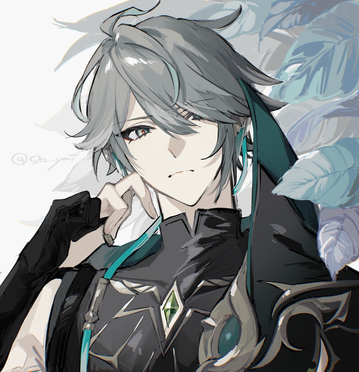 sho yai, alhaitham (genshin impact), genshin impact, commentary request, highres, 1boy, aqua streaks, closed mouth, colored inner hair, compression shirt, gem, gloves, green gem, grey background, grey hair, hair between eyes, hair over one eye, looking at viewer, male focus, multicolored hair, partially fingerless gloves, short hair, simple background, solo, streaked hair, twitter username